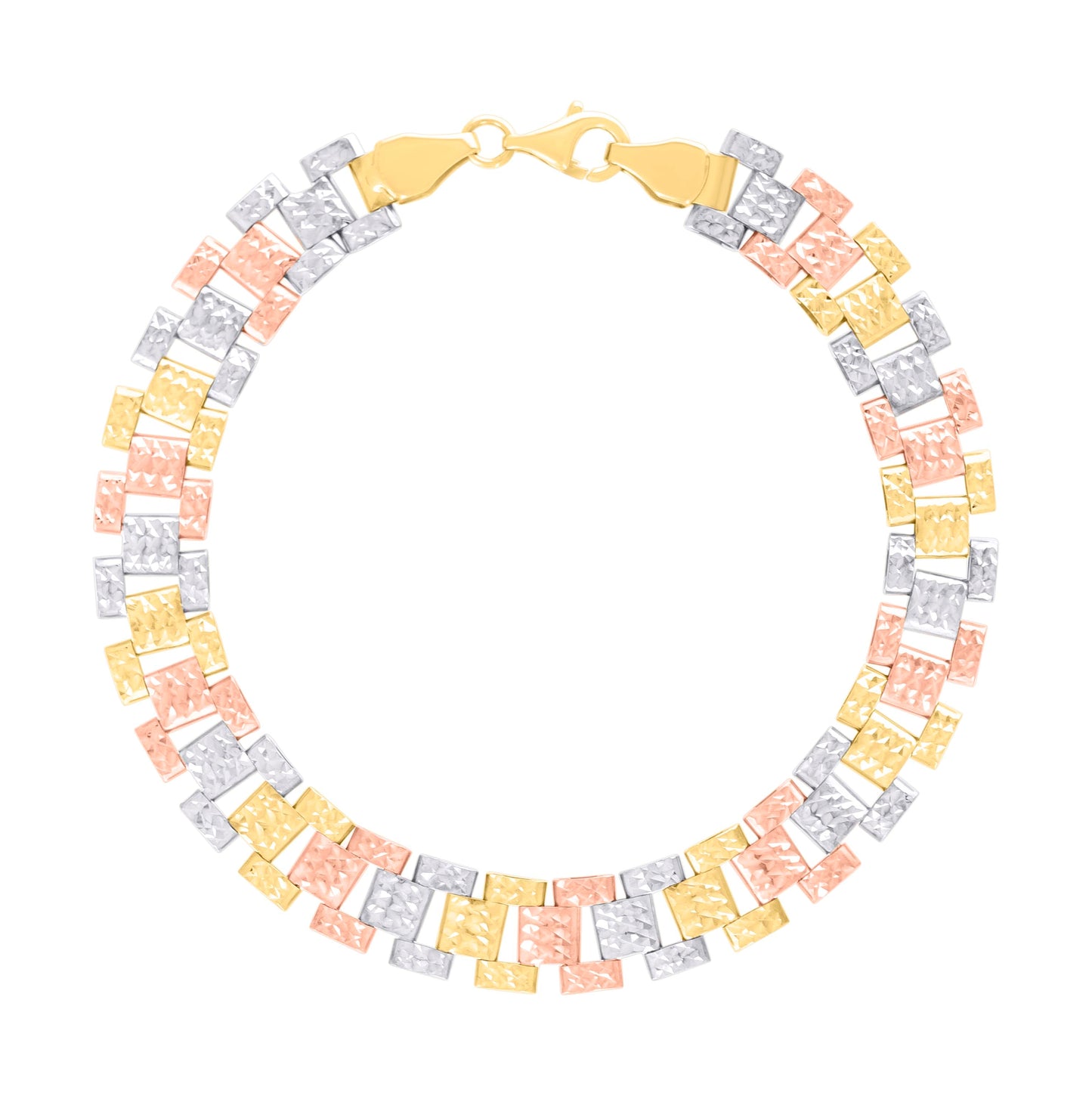 10K Tri-Color Gold Womens Diamond-Cut Fashion Link Bracelet Size 7.5 Inches