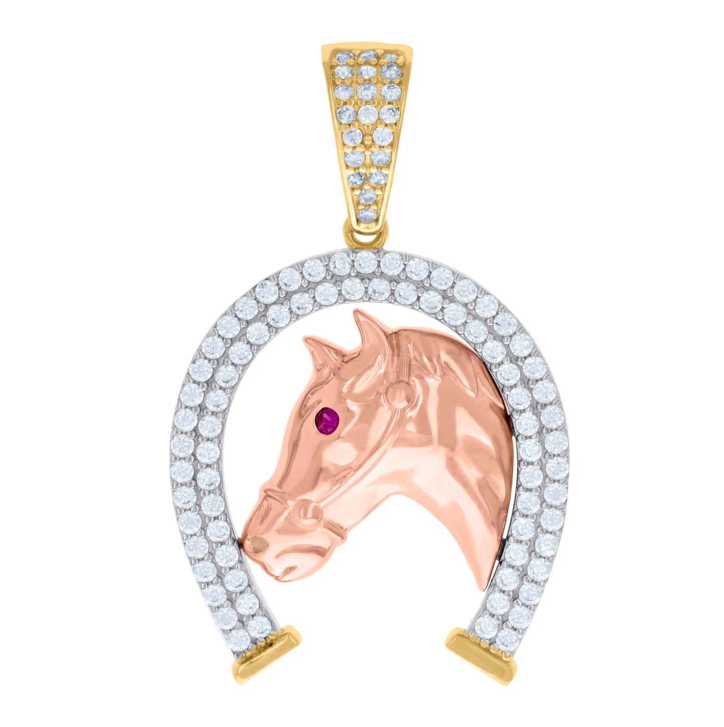 10K Two-tone Gold Mens Purple White Cubic-Zirconia Horse Head Horseshoe Good Luck Charm Pendant