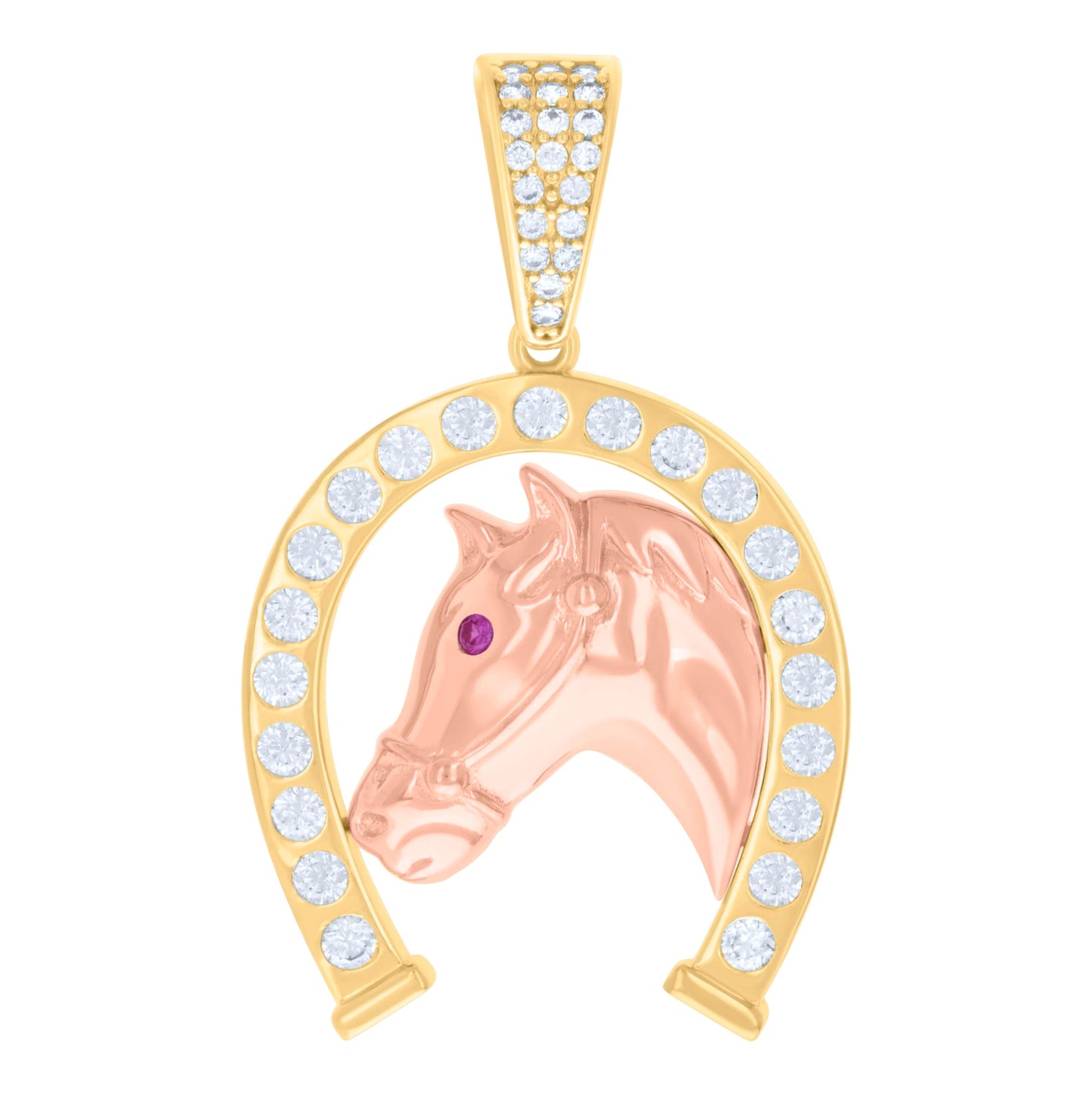 10K Two-tone Gold Mens Pink White Cubic-Zirconia Horse Head In Horseshoe Good Luck Pendant