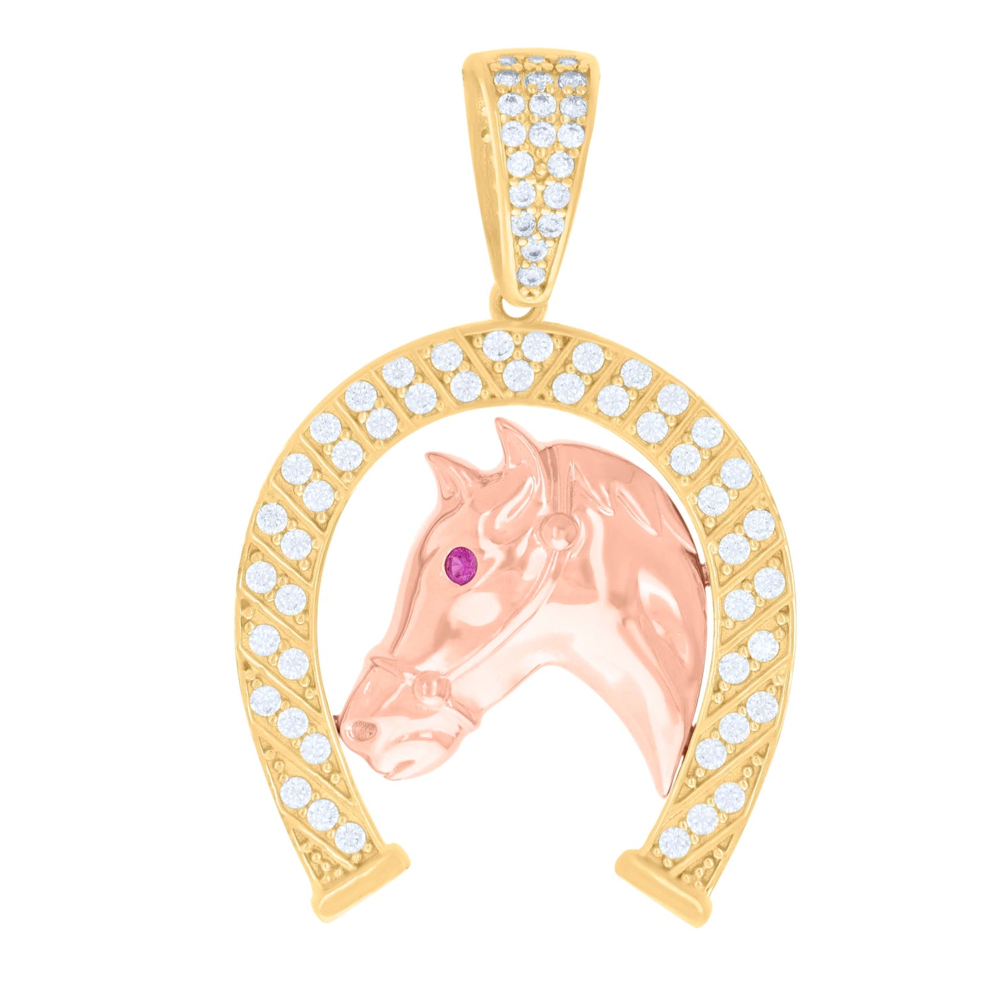 10K Two-tone Gold Mens Purple White Cubic-Zirconia Horse Head Horseshoe Good Luck Charm Pendant