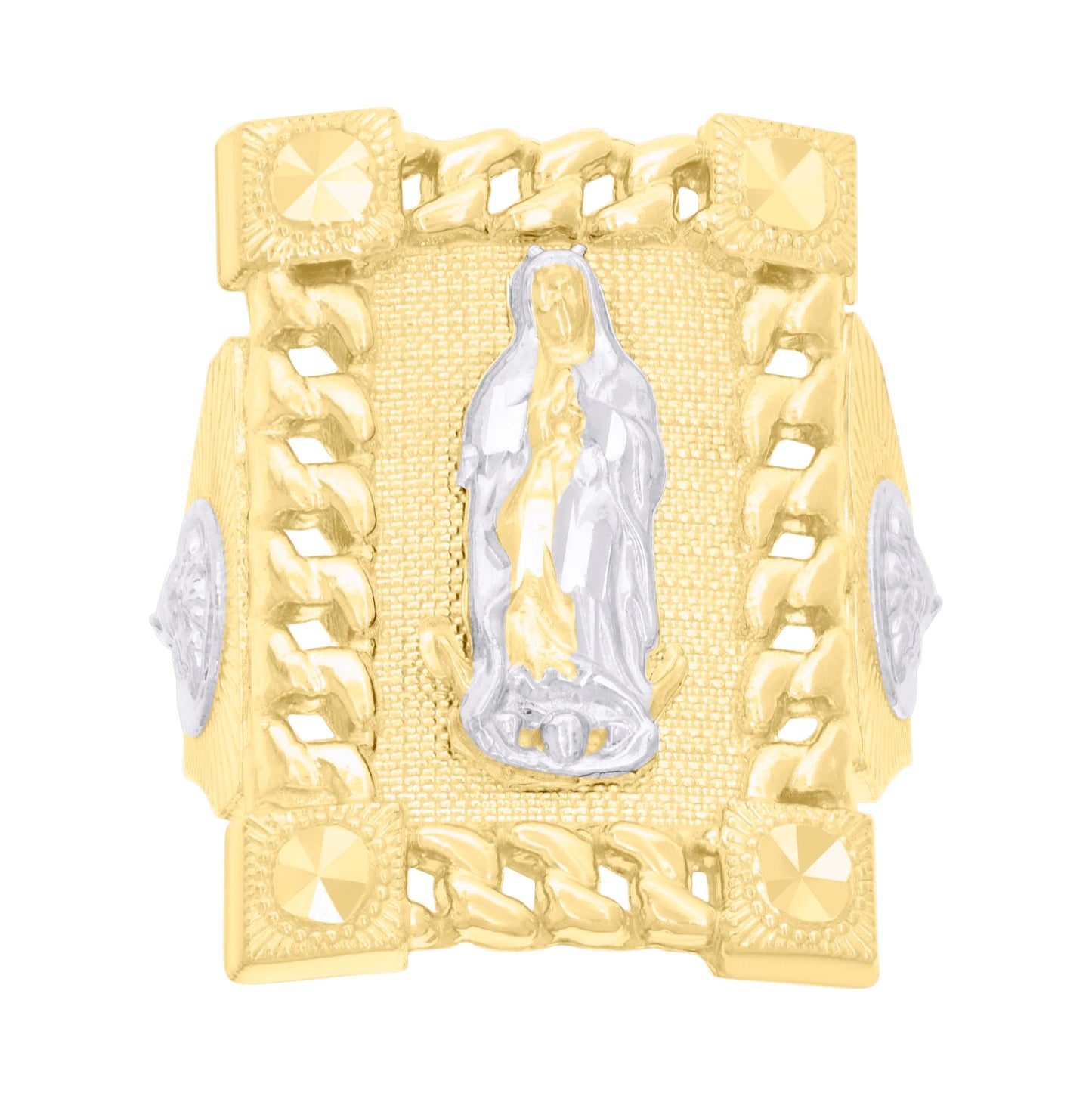 10K Two-tone Gold Mens Diamond-Cut Guadalupe Religious Ring