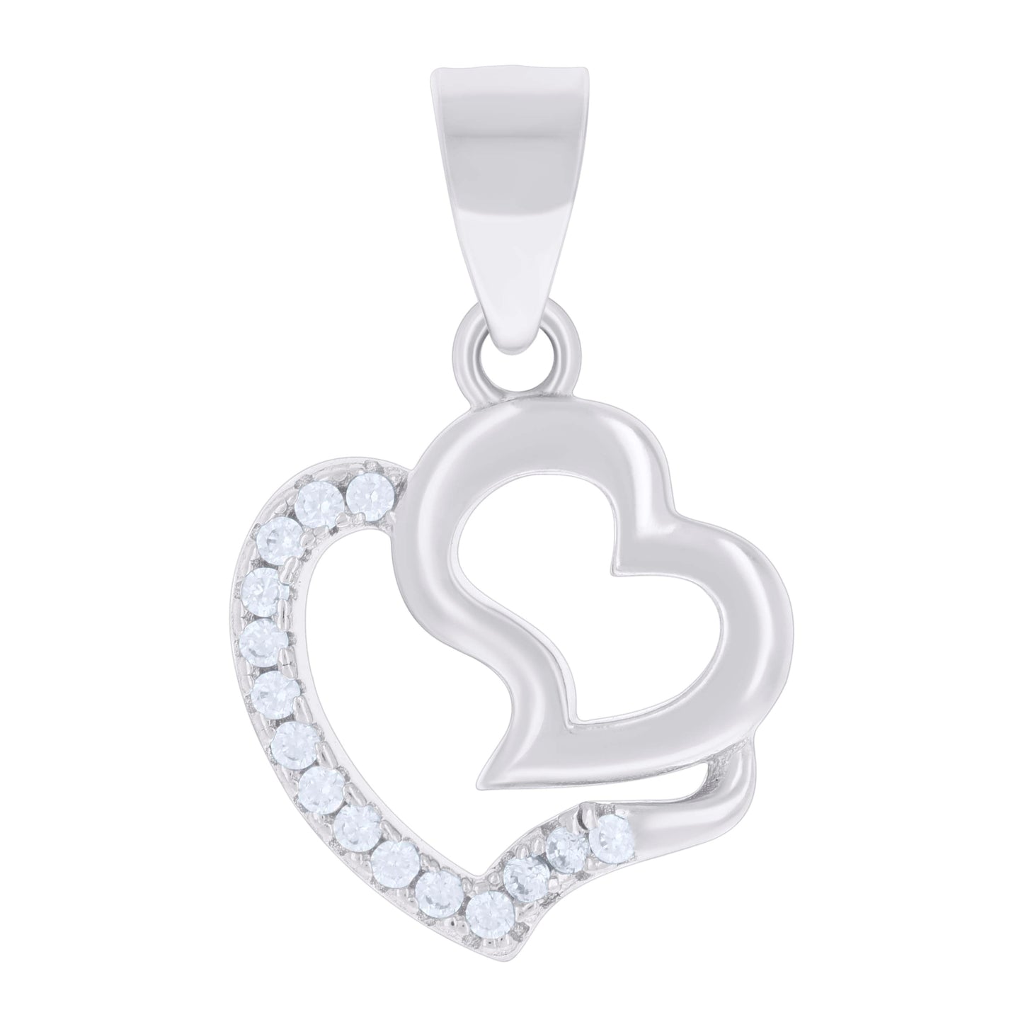 Sterling Silver Womens Cubic-Zirconia Double Heart Charm Pendant