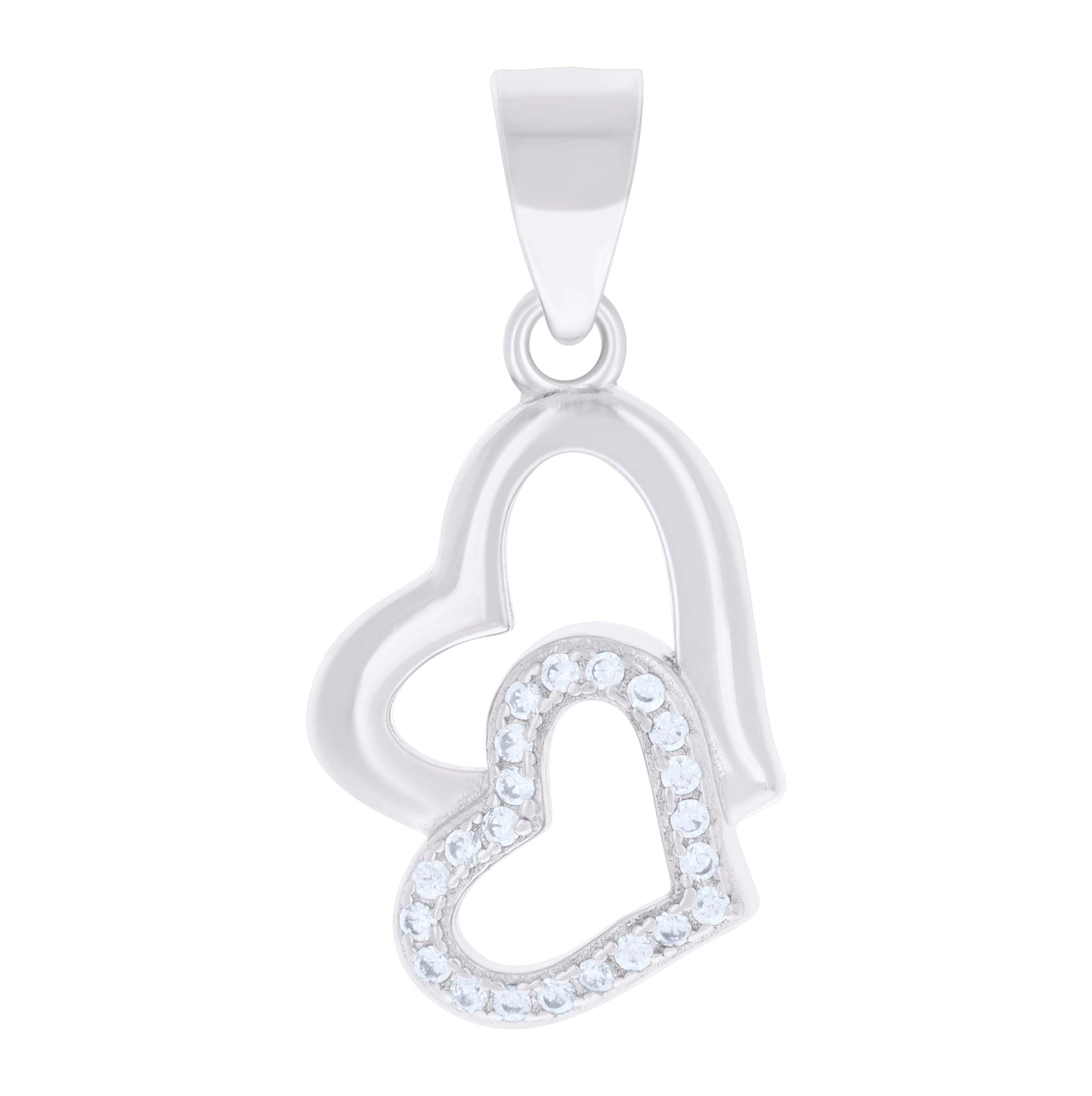Sterling Silver Womens Cubic-Zirconia Double Heart Charm Pendant