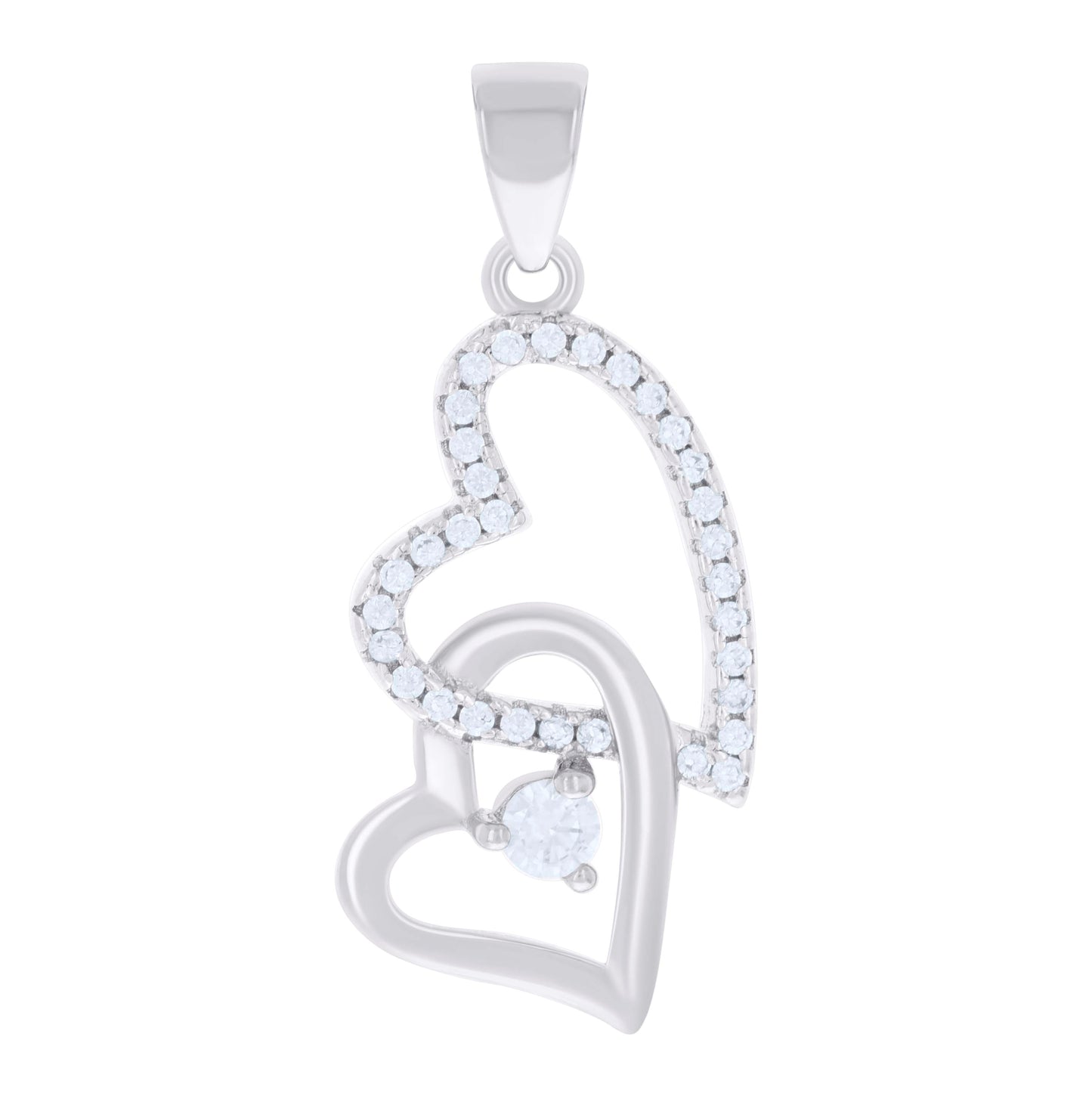 Sterling Silver Womens Cubic-Zirconia Double Heart Charm Pendant