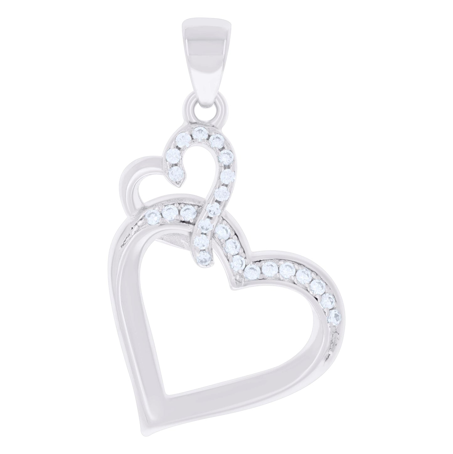 Sterling Silver Womens Cubic-Zirconia Double Heart Charm Pendant