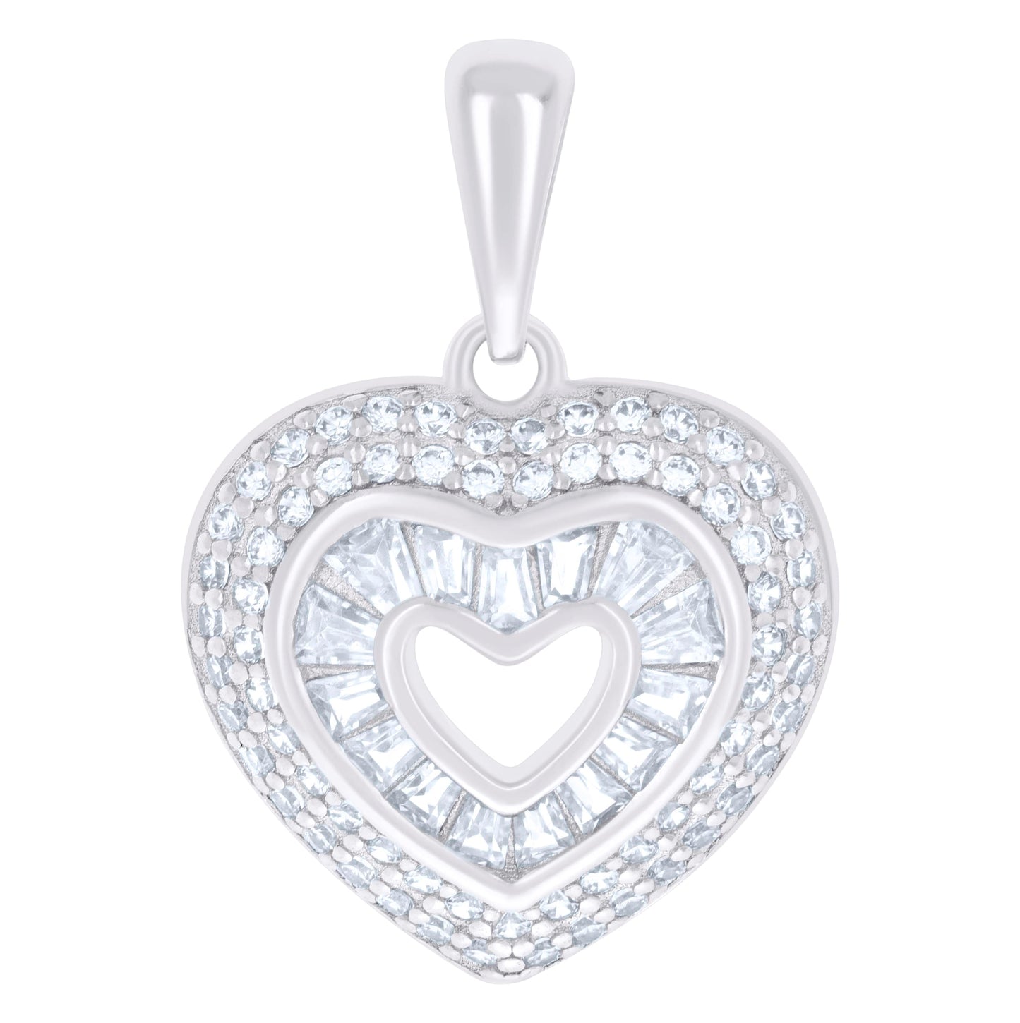 Sterling Silver Womens Baguette Round Cubic-Zirconia Heart Charm Pendant