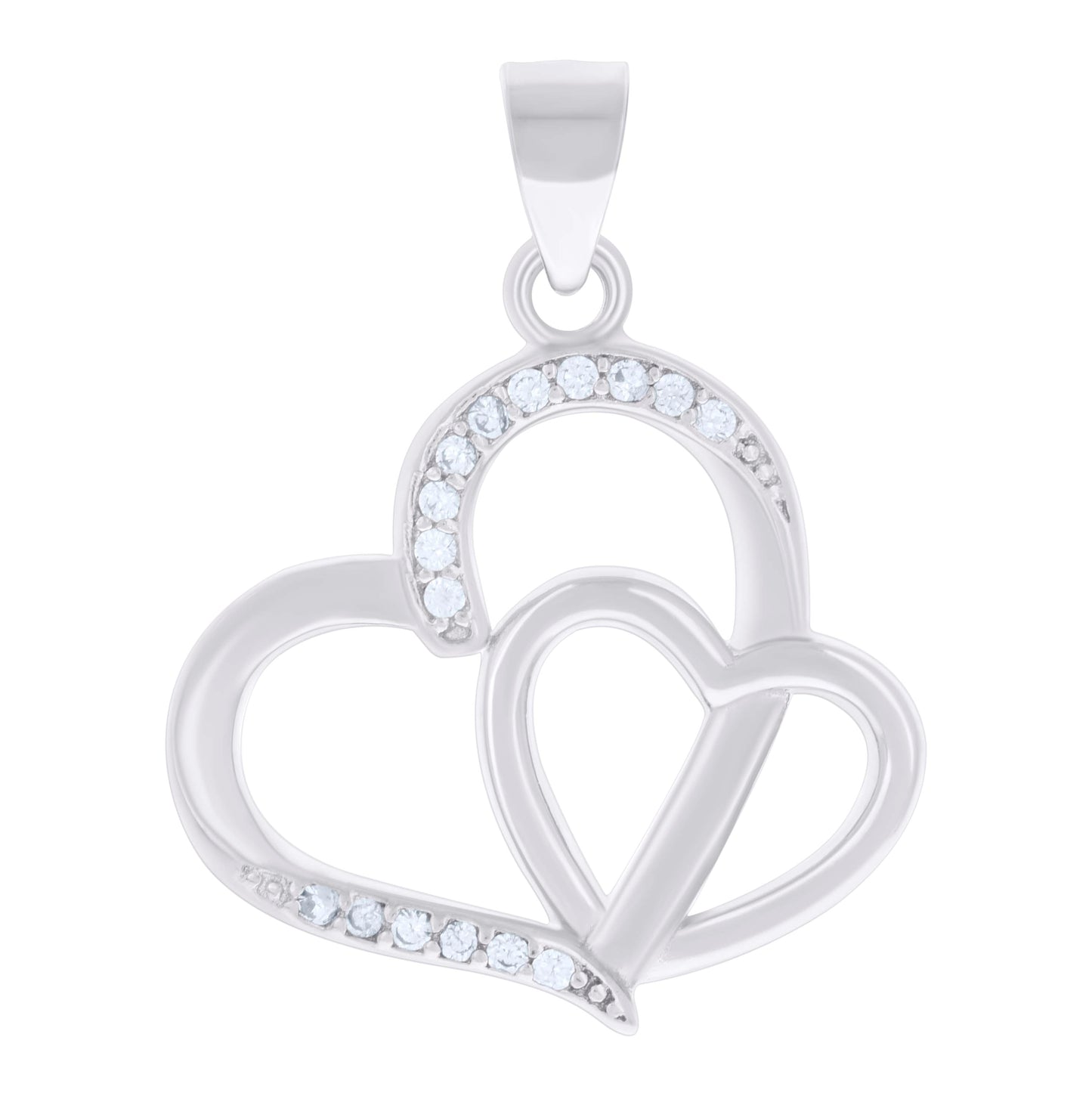 Sterling Silver Womens Cubic-Zirconia Double Heart Charm Pendant