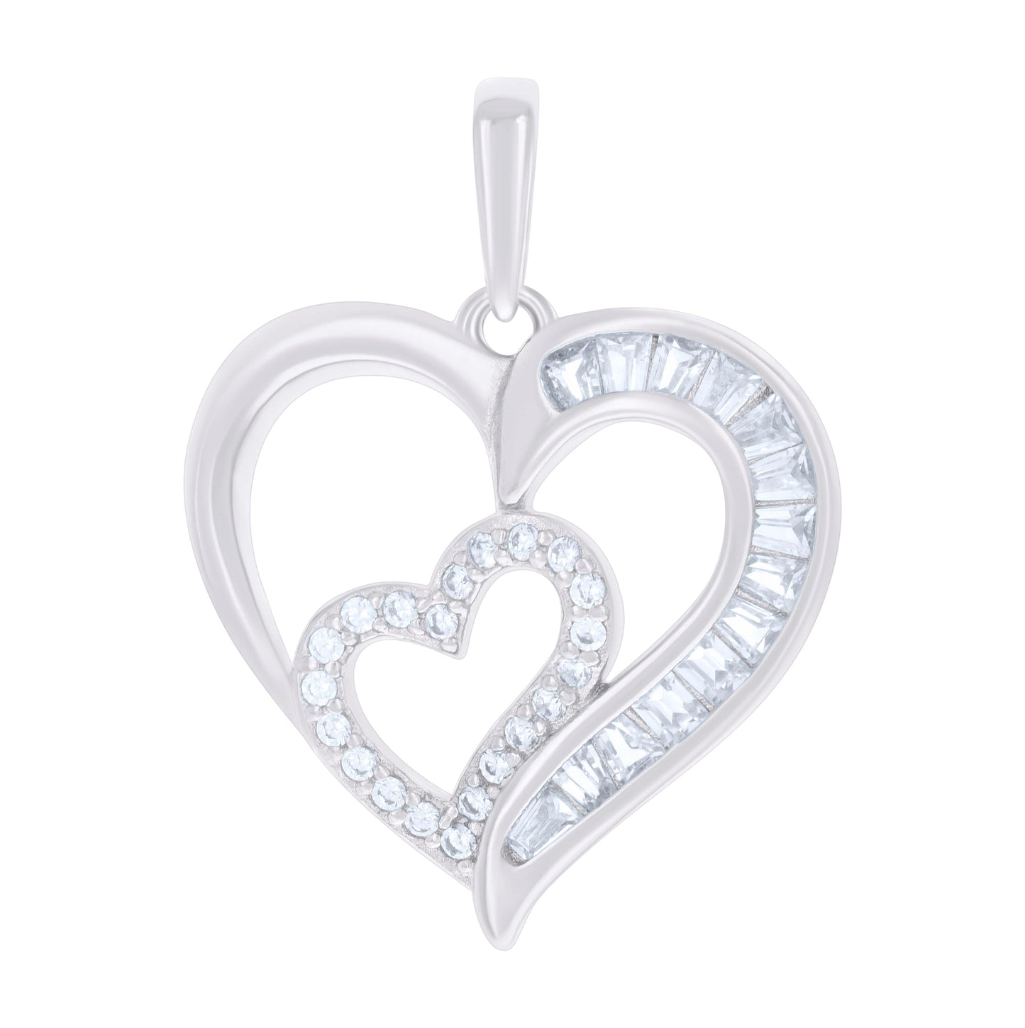 Sterling Silver Womens Baguette Round Cubic-Zirconia Double Heart Charm Pendant