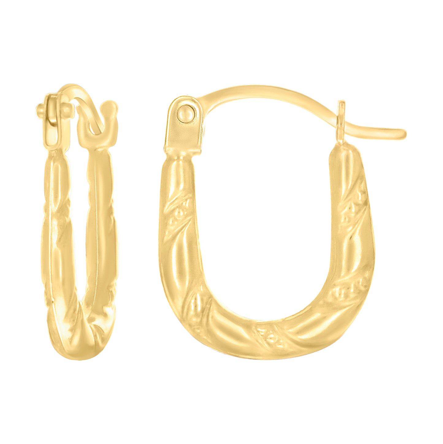 14K Yellow Gold Womens Patterned U-Shaped Fashion Hoop Earrings