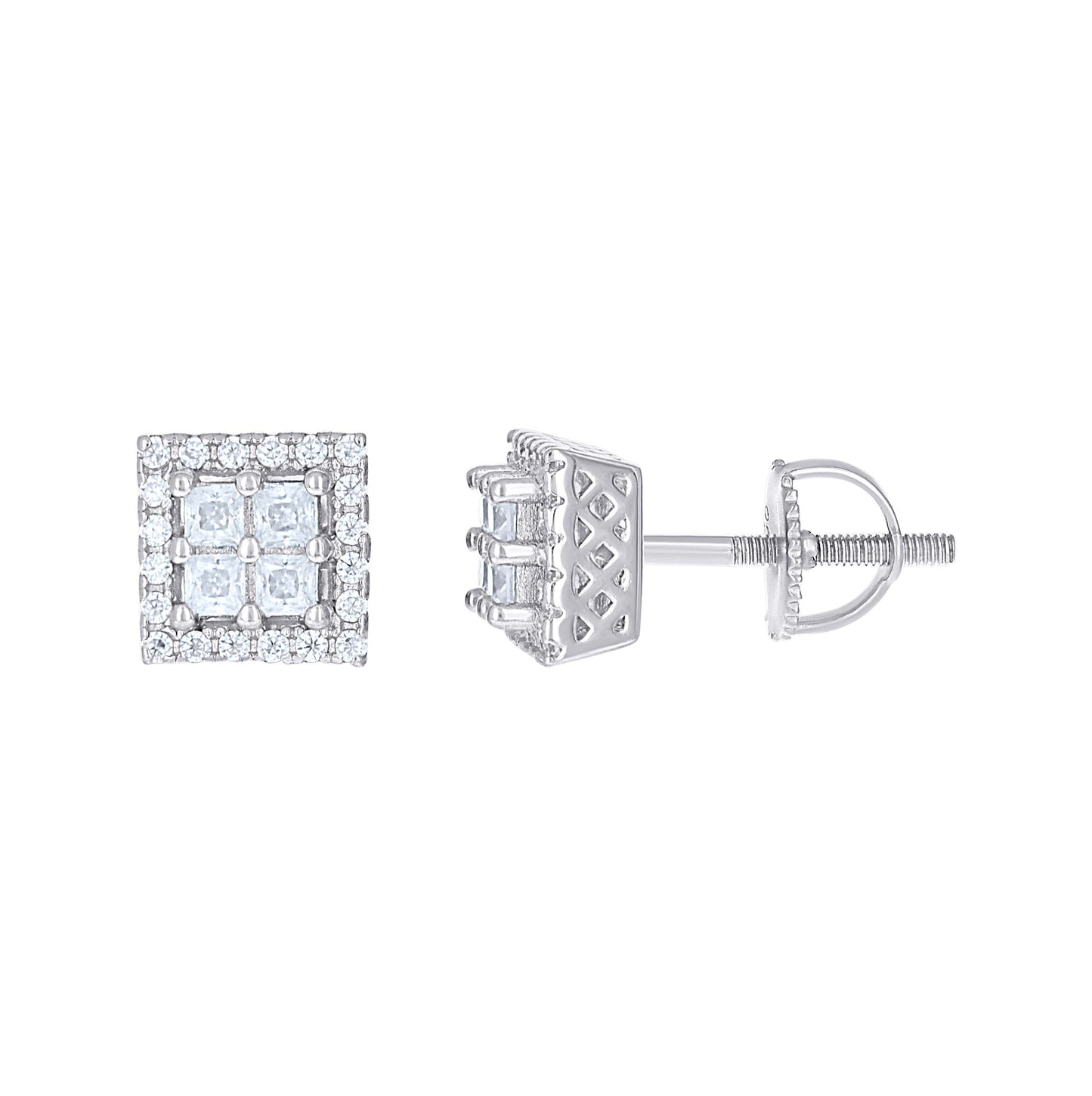 Sterling Silver Or Yellow-Tone Womens Princess-Cut Round Moissanite Square Fashion Stud Earrings
