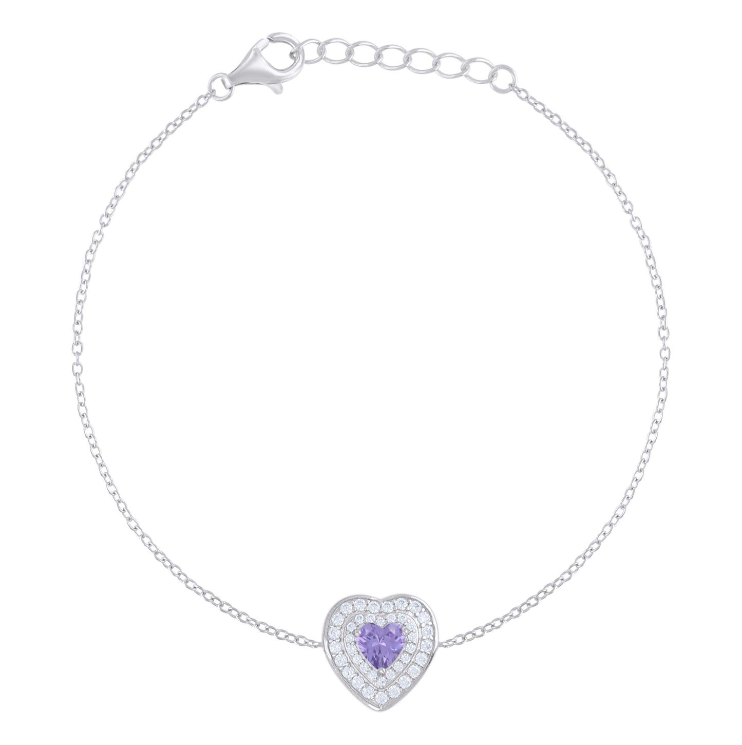 Sterling Silver Womens Heart Round Cubic-Zirconia Heart Charm Bracelet