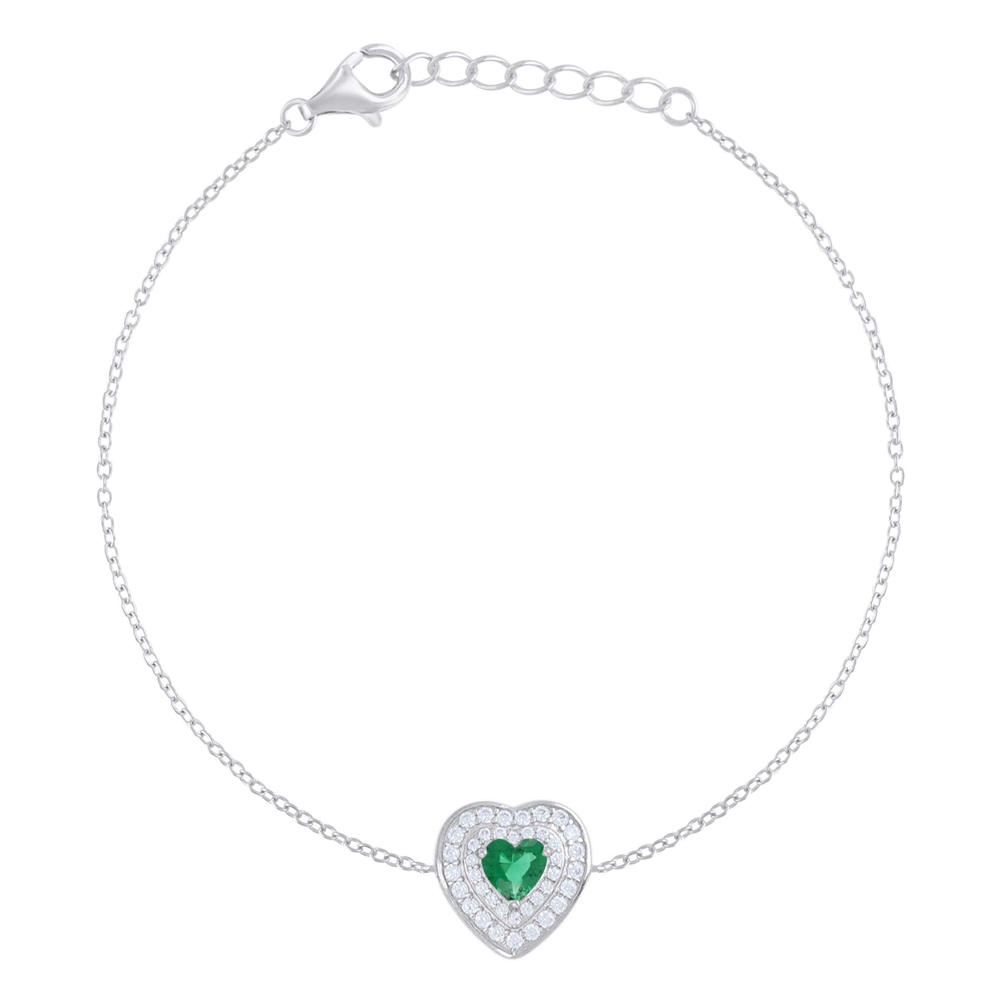Sterling Silver Womens Heart Round Cubic-Zirconia Heart Charm Bracelet