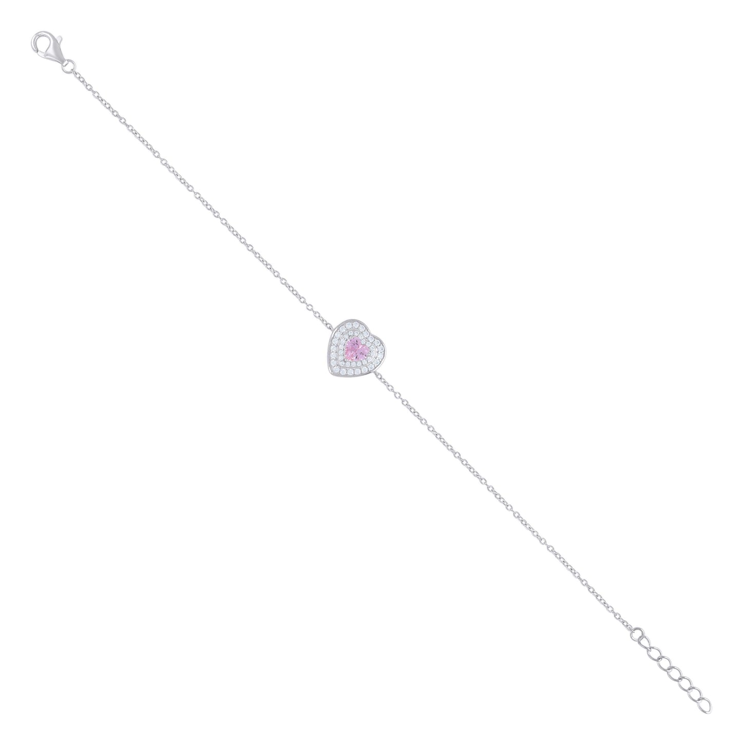 Sterling Silver Womens Heart Round Cubic-Zirconia Heart Charm Bracelet