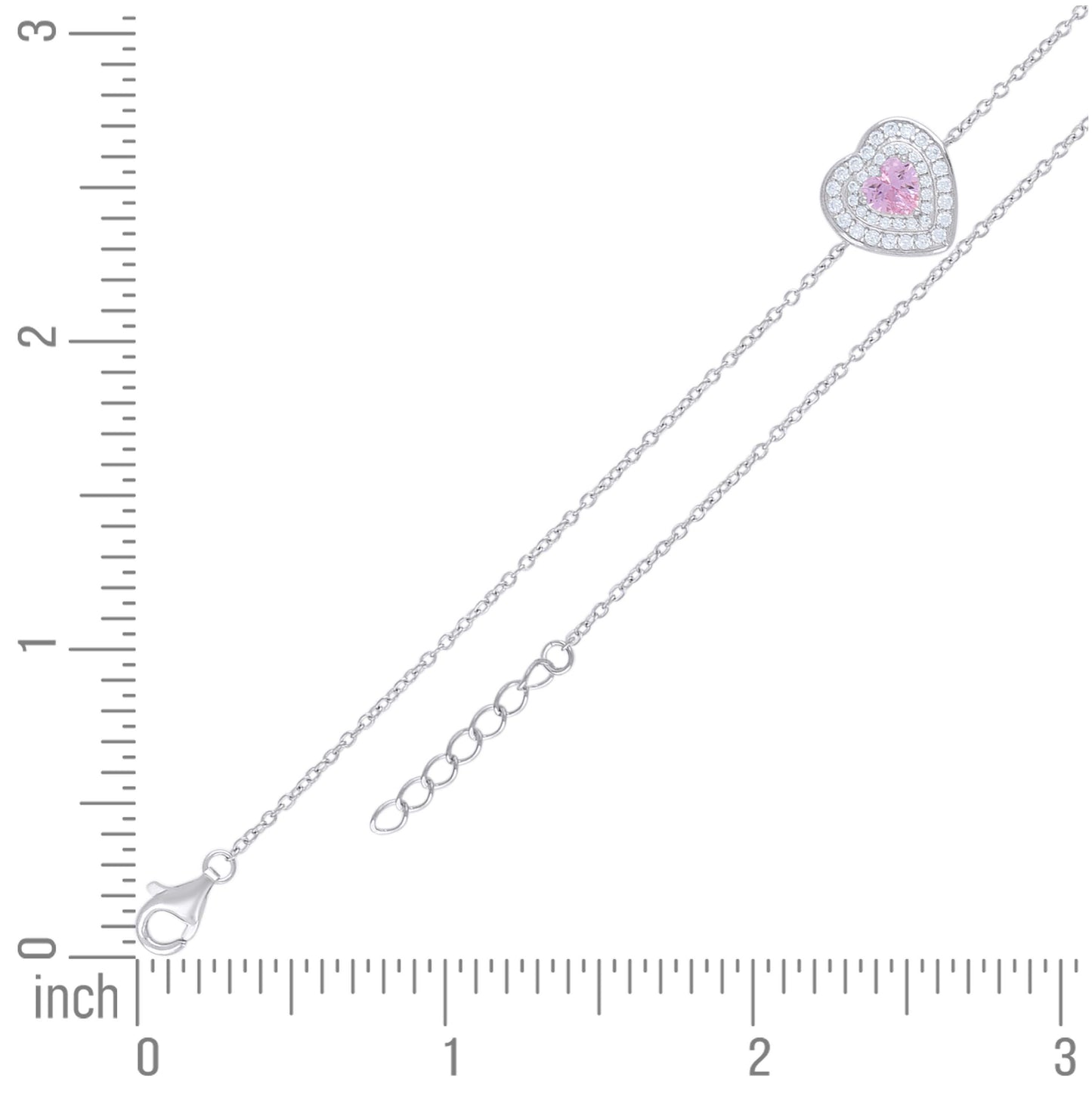 Sterling Silver Womens Heart Round Cubic-Zirconia Heart Charm Bracelet