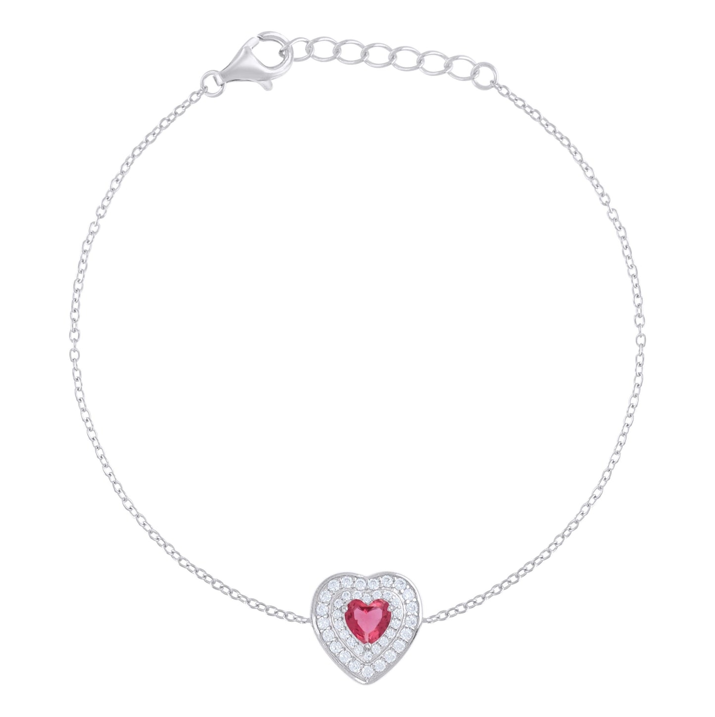 Sterling Silver Womens Heart Round Cubic-Zirconia Heart Charm Bracelet