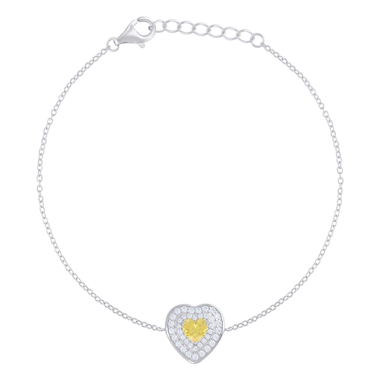 Sterling Silver Womens Heart Round Cubic-Zirconia Heart Charm Bracelet