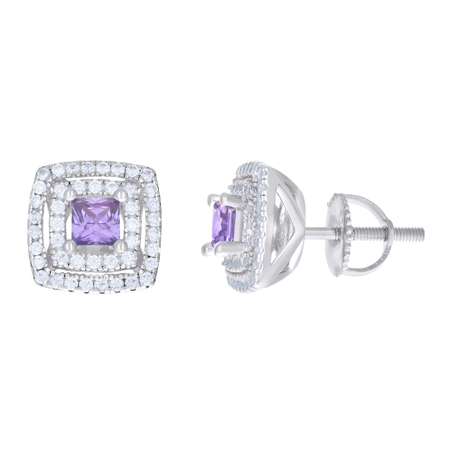 Sterling Silver Womens Cubic Zirconia Halo Square Stud Earrings