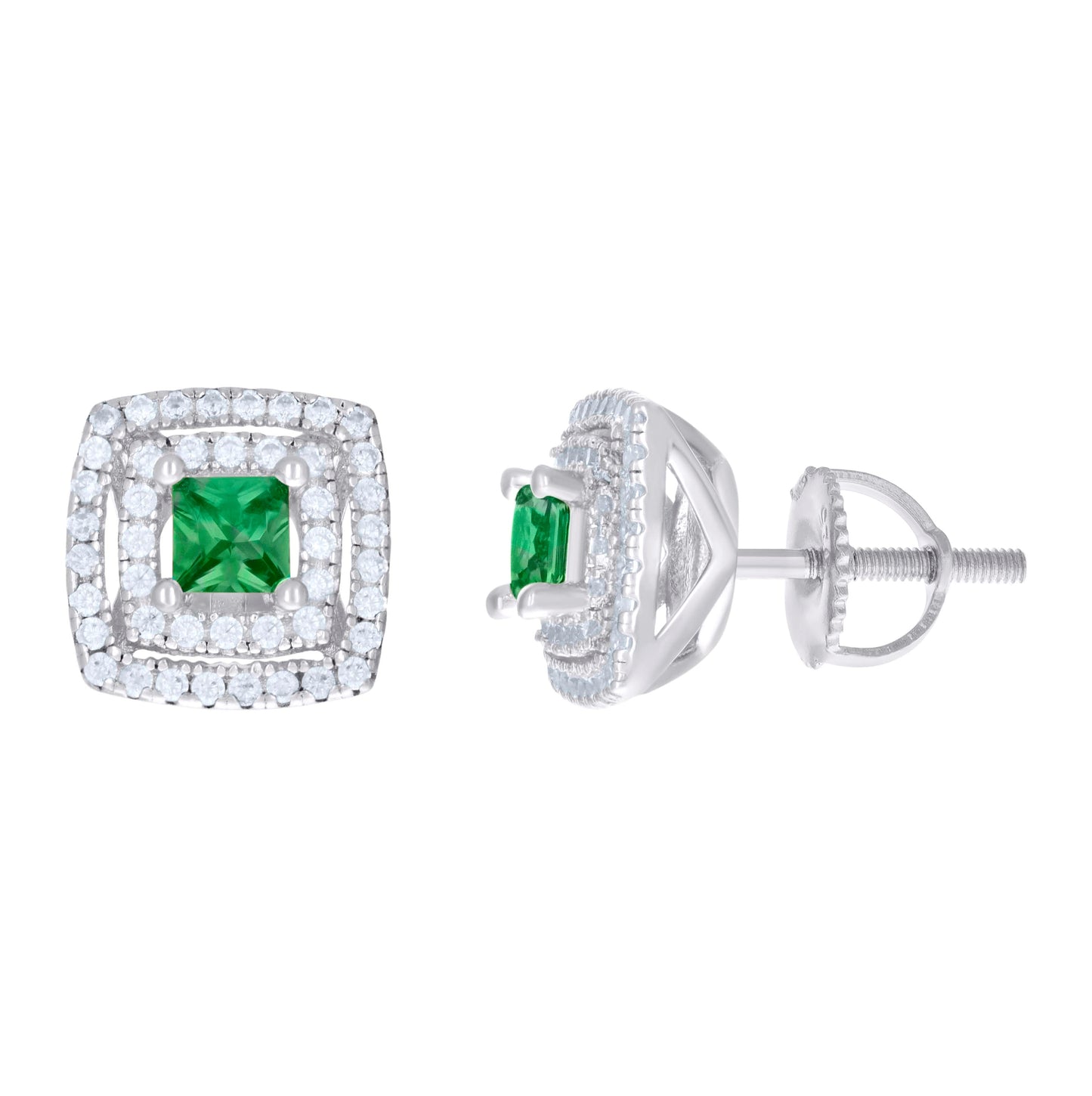Sterling Silver Womens Cubic Zirconia Halo Square Stud Earrings