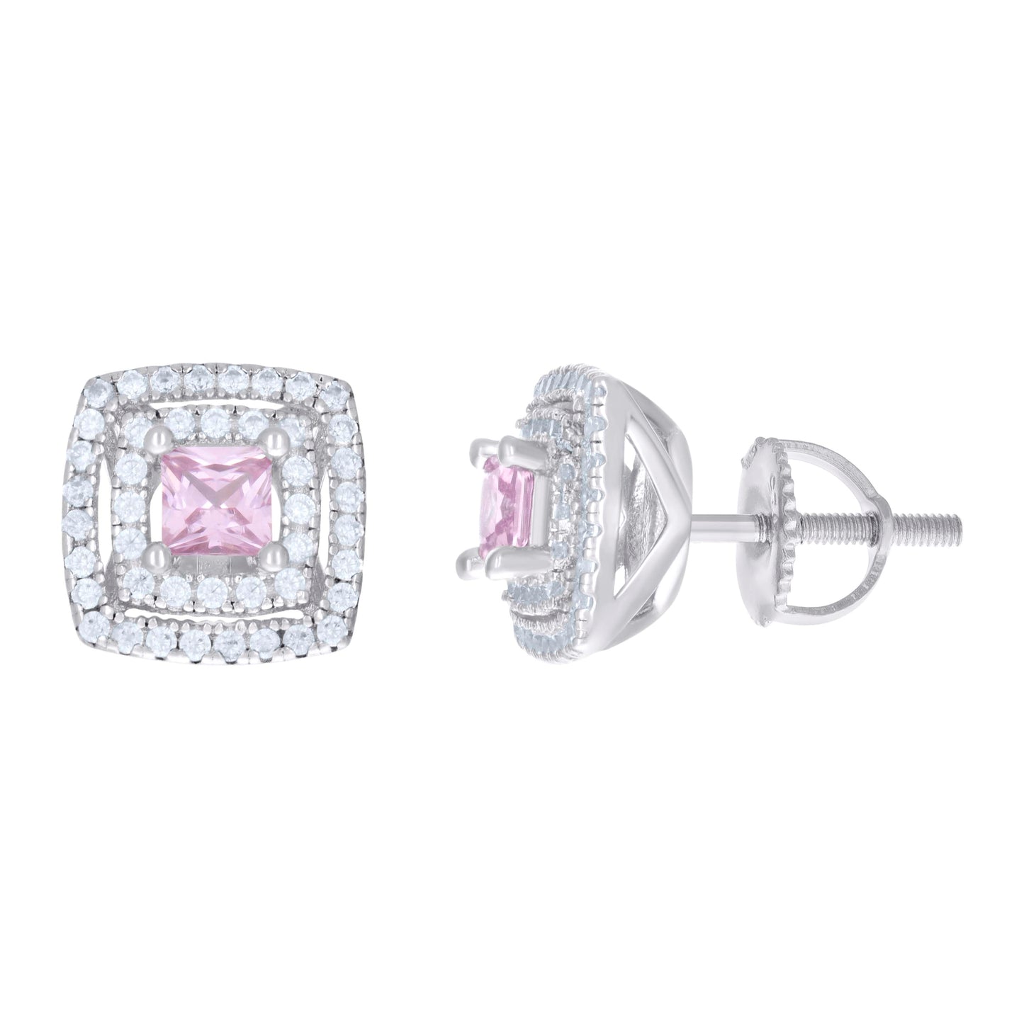 Sterling Silver Womens Cubic Zirconia Halo Square Stud Earrings