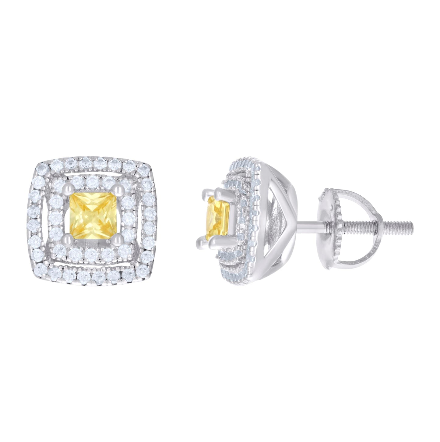 Sterling Silver Womens Cubic Zirconia Halo Square Stud Earrings