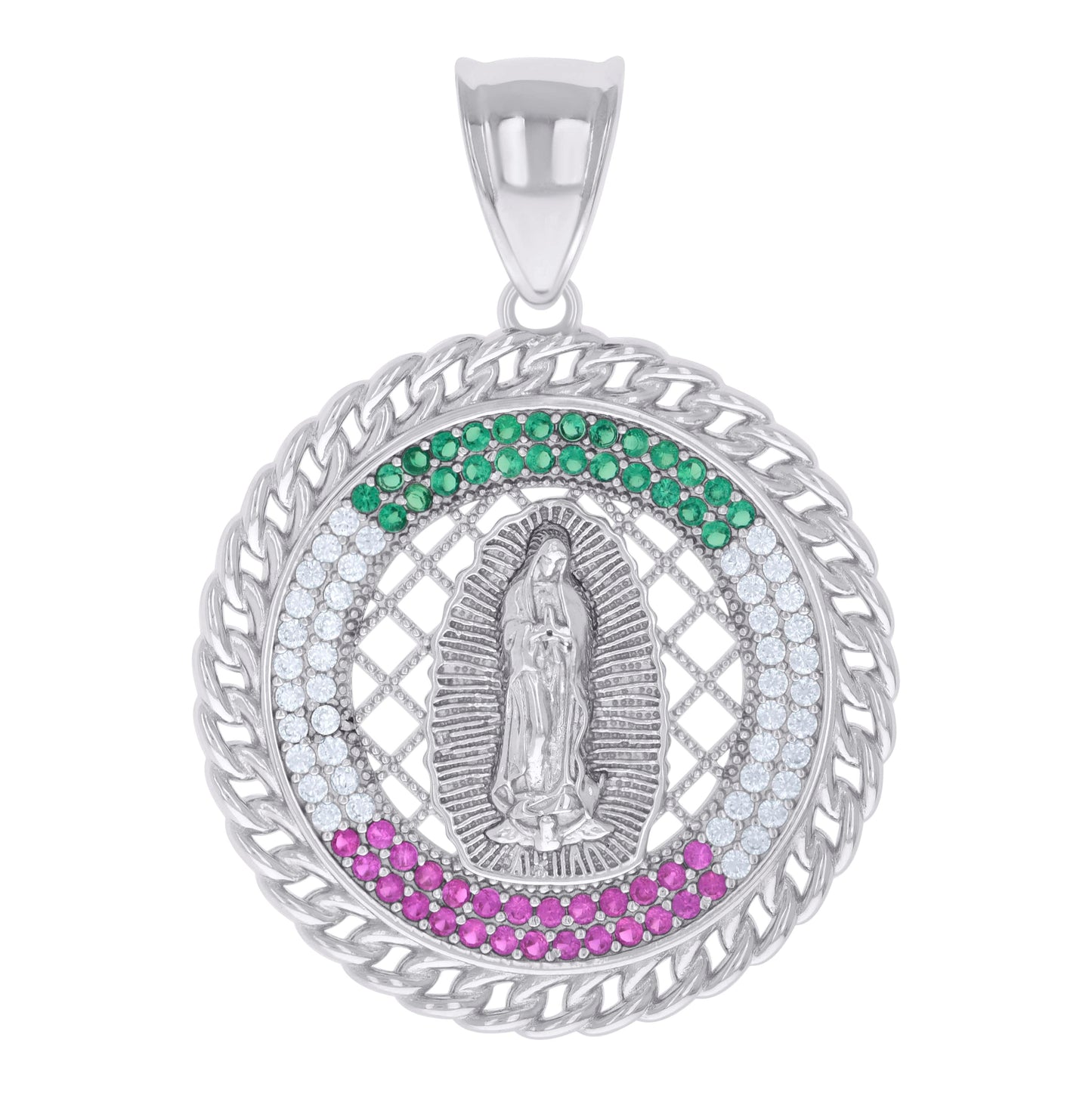 Sterling Silver Womens Pink/Green White Cubic-Zirconia Guadalupe Religious Charm Pendant