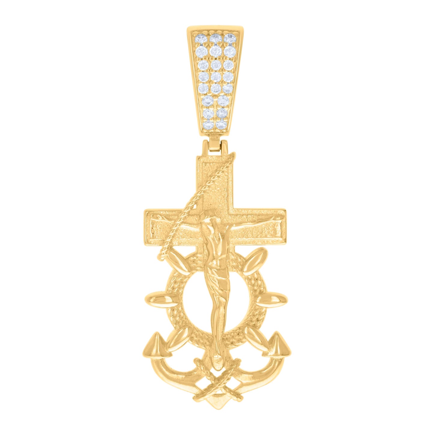 Sterling Silver Or Yellow-tone Mens Cubic-Zirconia Anchor Crucifix Religious Pendant