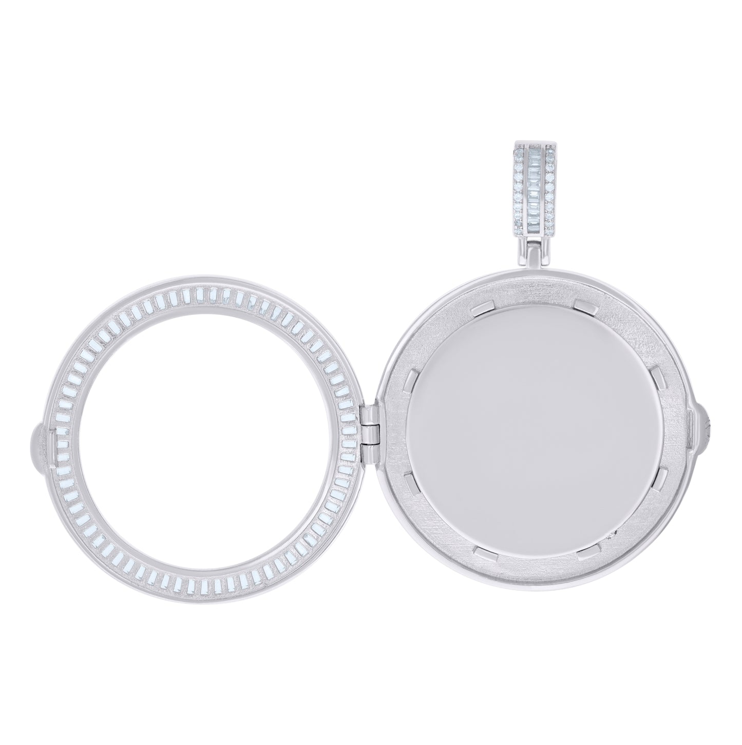 Sterling Silver Mens Baguette Round Cubic-Zirconia Round Picture Frame Pendant