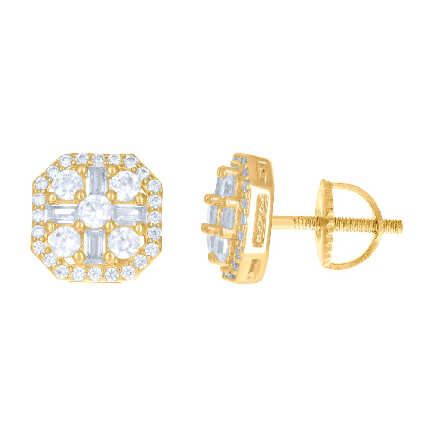 Sterling Silver Unisex Baguette Cubic-Zirconia Octagon Fashion Stud Earrings