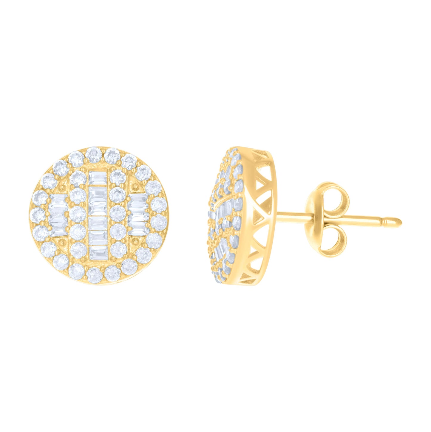 10K Yellow Gold Womens Baguette Round Cubic-Zirconia Fashion Stud Earrings