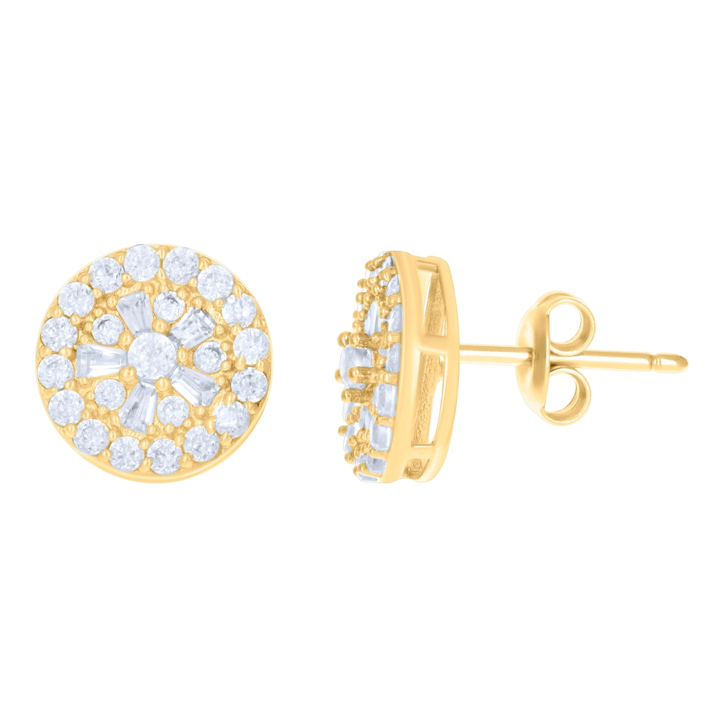 10K Yellow Gold Womens Baguette Round Cubic-Zirconia Fashion Stud Earrings