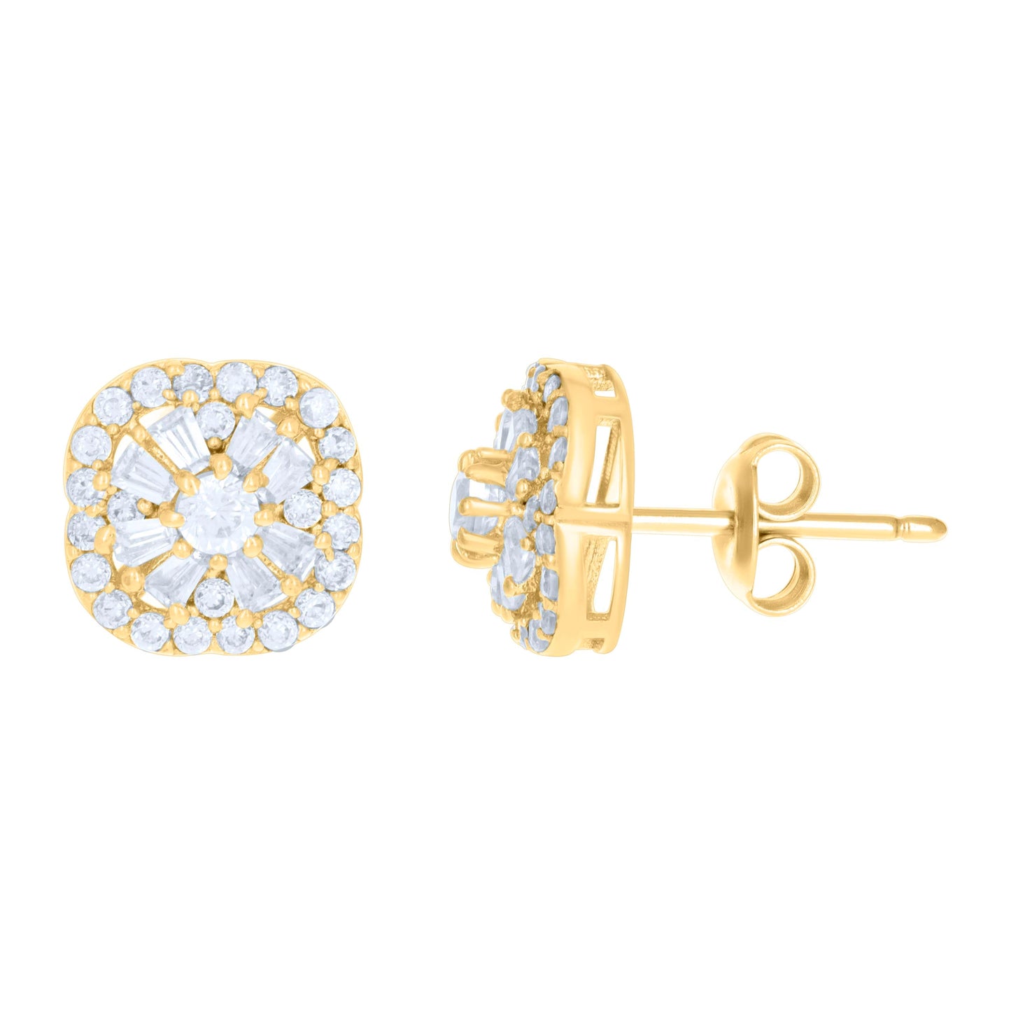 10K Yellow Gold Womens Baguette Round Cubic-Zirconia Fashion Stud Earrings