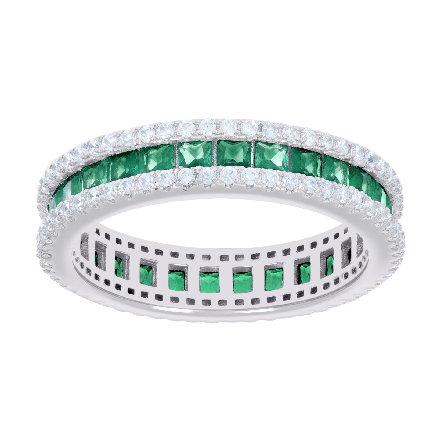 Sterling Silver Womens Green White Princess-cut Round Cubic-Zirconia Eternity Bridal Anniversary Engagement Wedding Band Ring