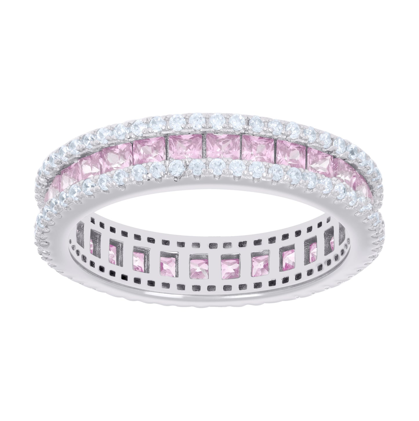 Sterling Silver Womens Pink White Princess-cut Round Cubic-Zirconia Eternity Bridal Anniversary Engagement Wedding Band Ring