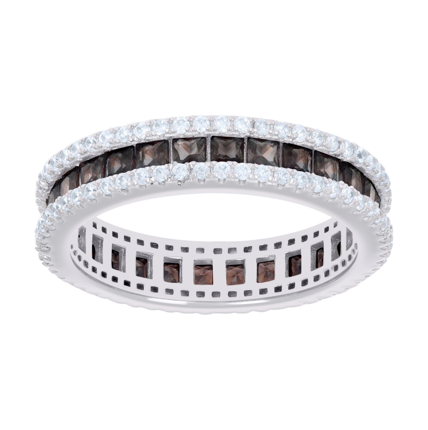 Sterling Silver Womens Brown White Princess-cut Round Cubic-Zirconia Eternity Bridal Anniversary Engagement Wedding Band Ring