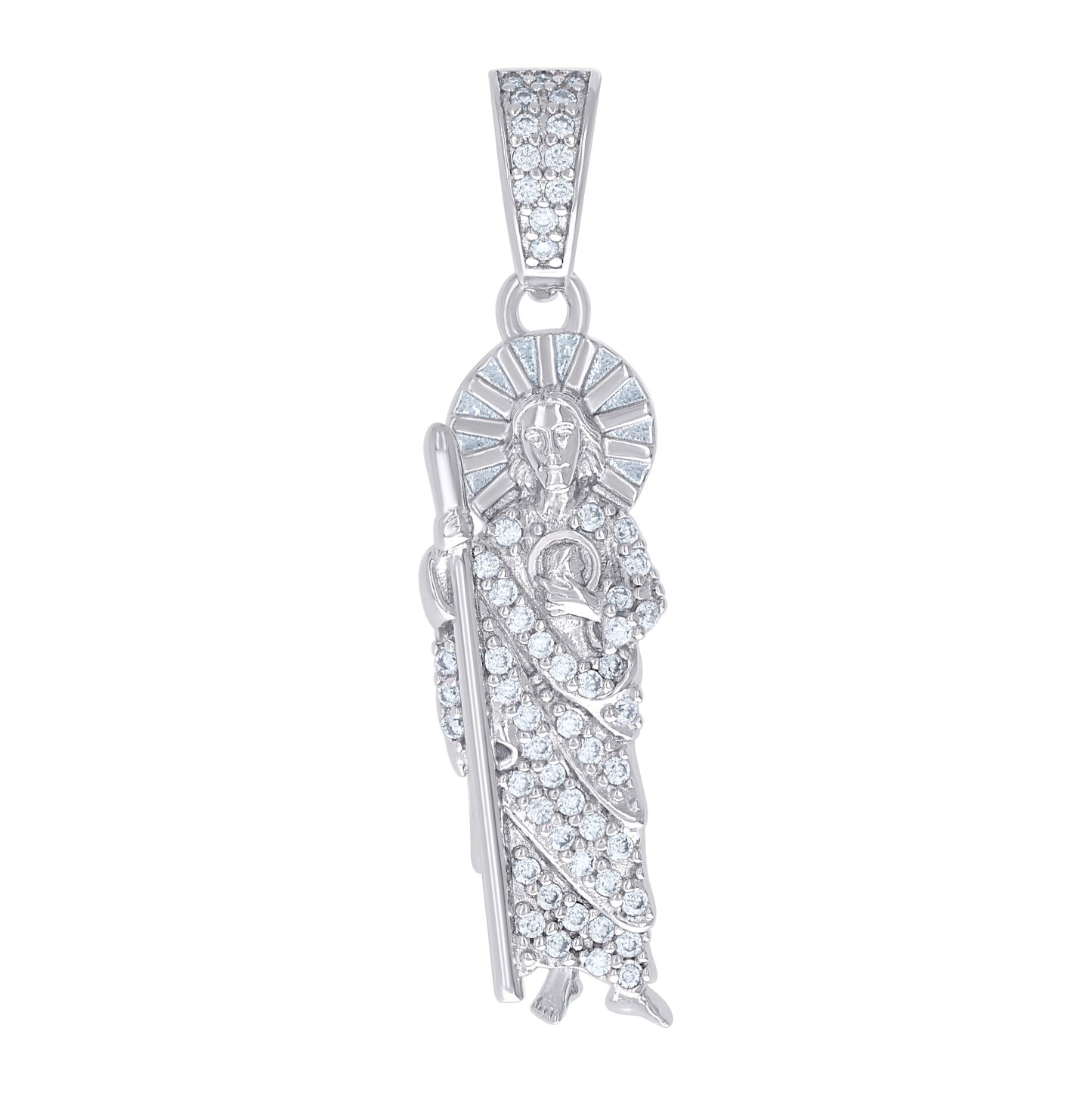 Sterling Silver Mens 0.48 Cttw Baguette Round Moissanite St. Jude Religious Charm Pendant