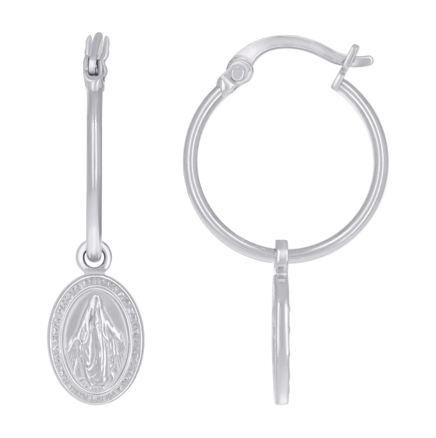 Sterling Silver Womens Miraculous Medal Religious Dangle Hoop Earrings