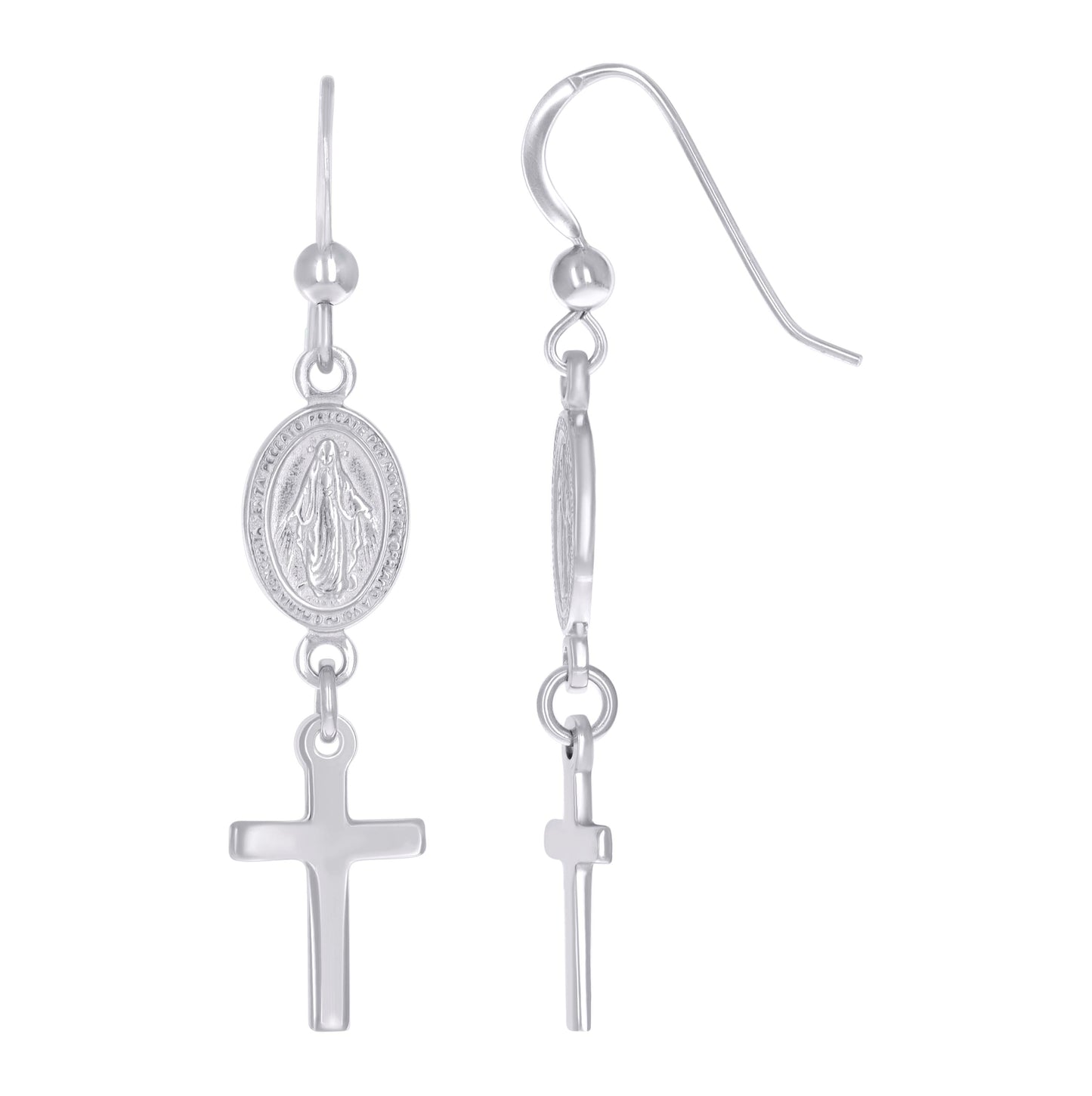 Sterling Silver Womens Miraculous Medal Cross Religious Danglers Earrings