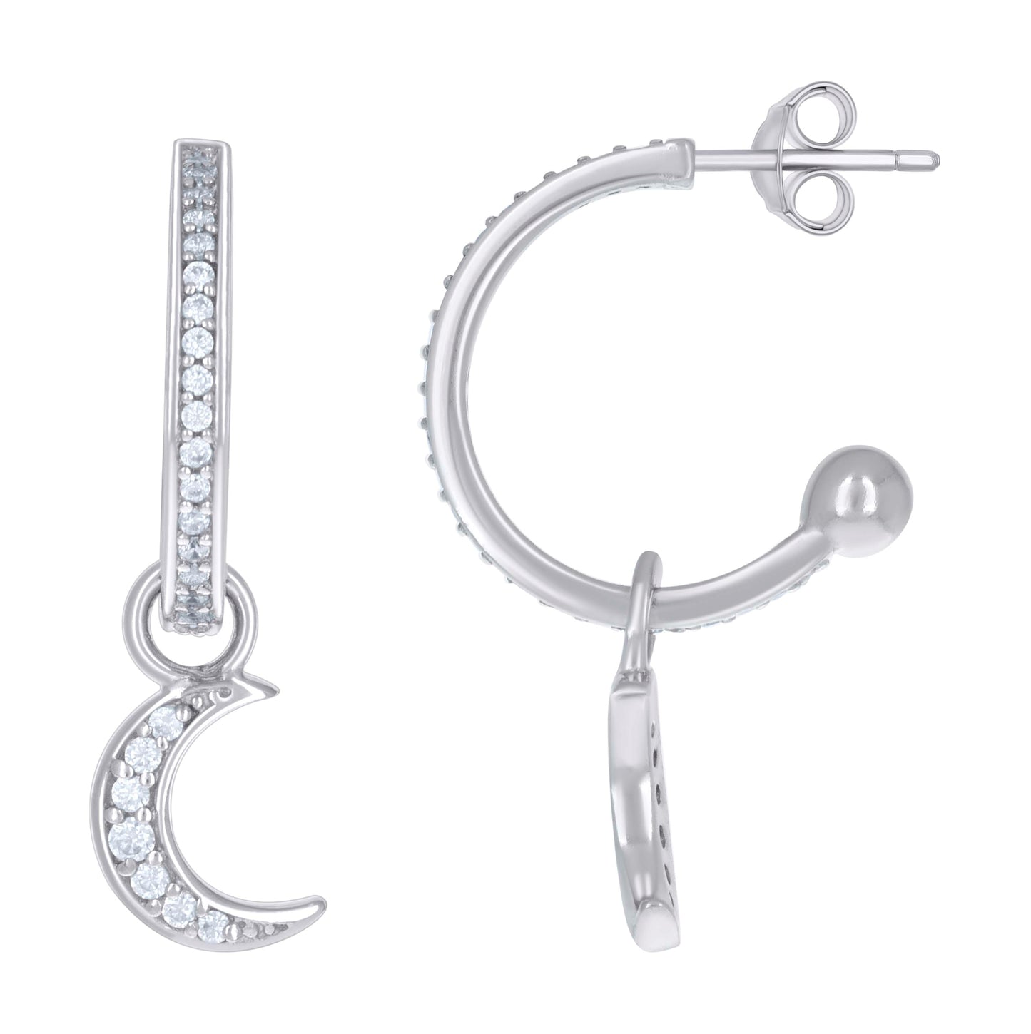 Sterling Silver Womens Cubic-Zirconia Moon Star Fashion Dangle Hoop Earrings