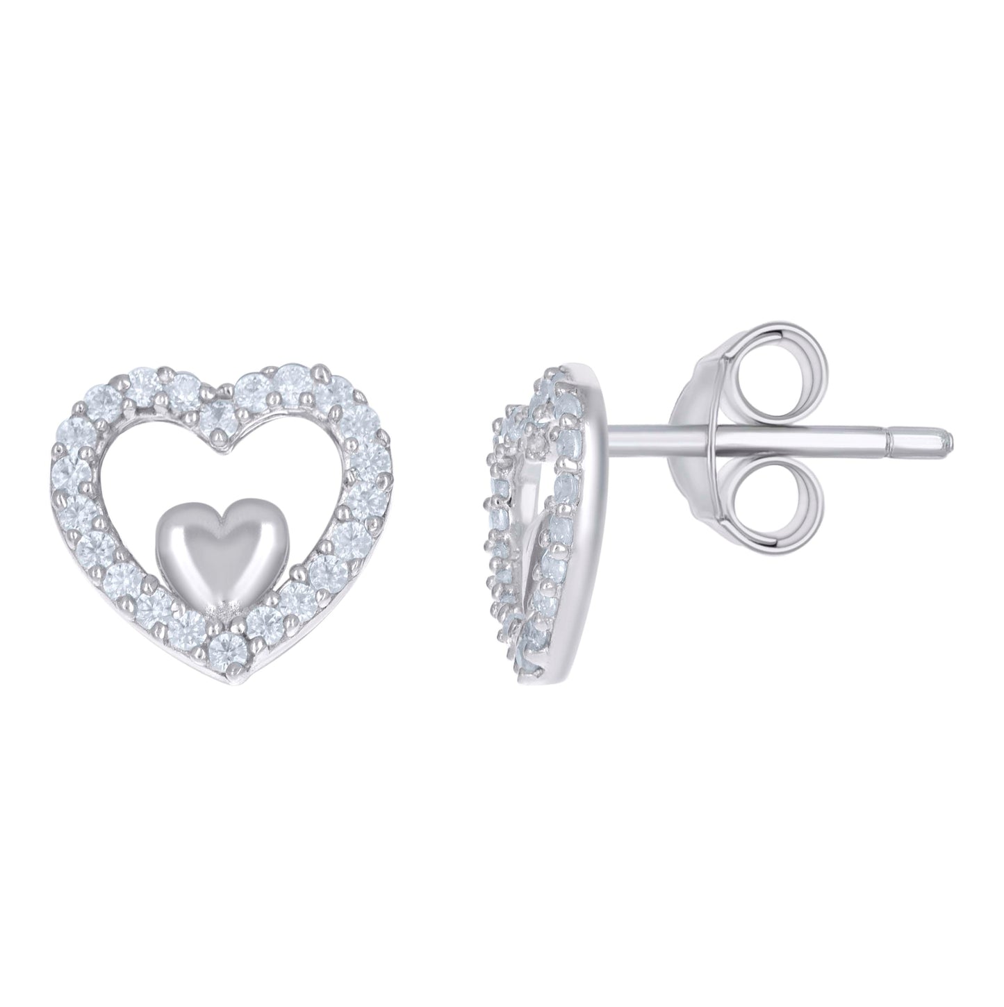 Sterling Silver Womens Cubic-Zirconia Heart Stud Earrings
