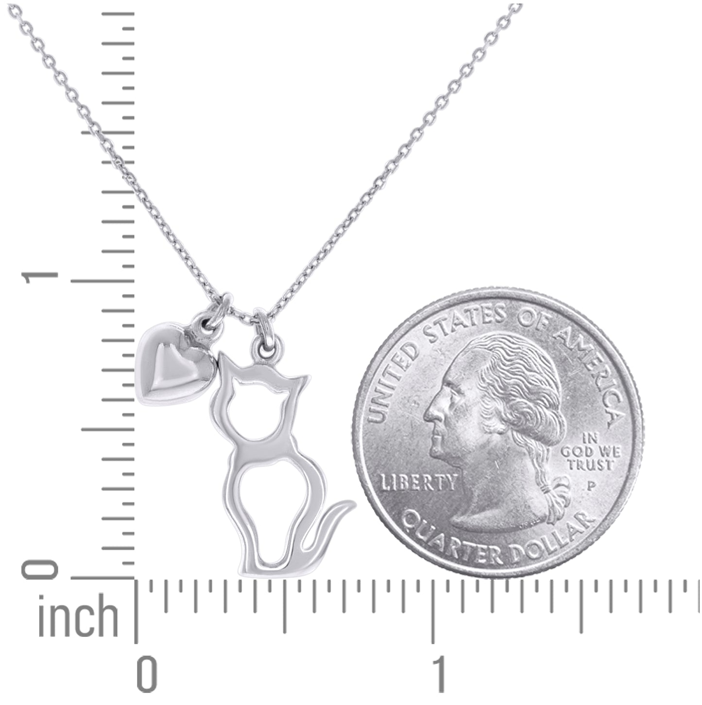 Sterling Silver Womens Cat & Heart Fashion Charm Necklace