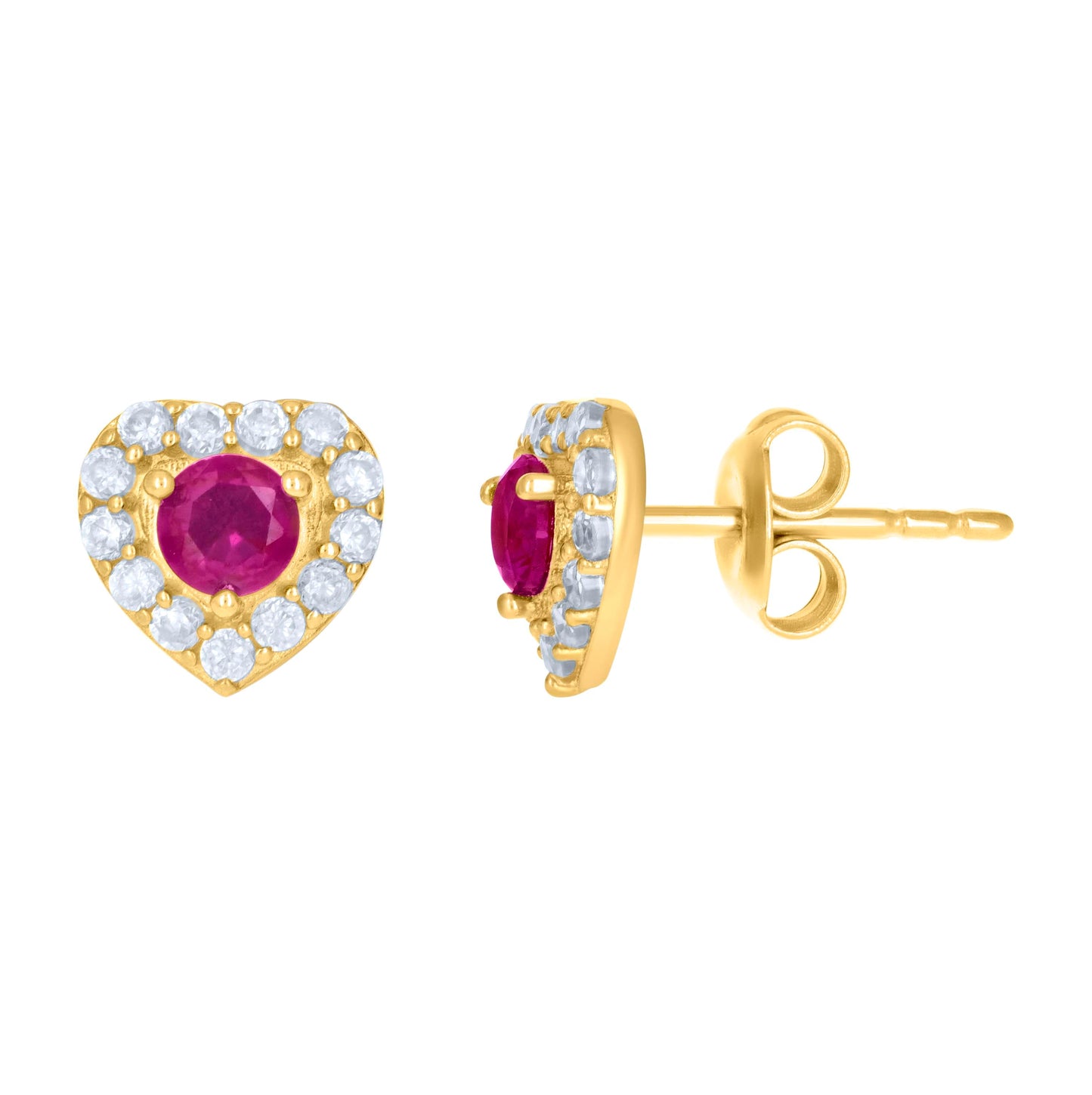 10K Yellow Gold Womens Red White Cubic-Zirconia Heart Stud Earrings