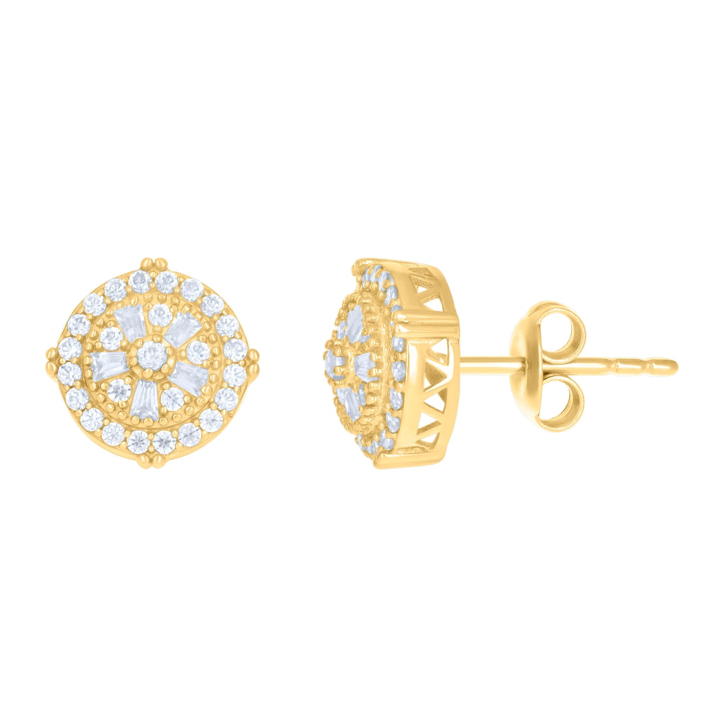 10K Yellow Gold Womens Baguette Round Cubic-Zirconia Fashion Stud Earrings