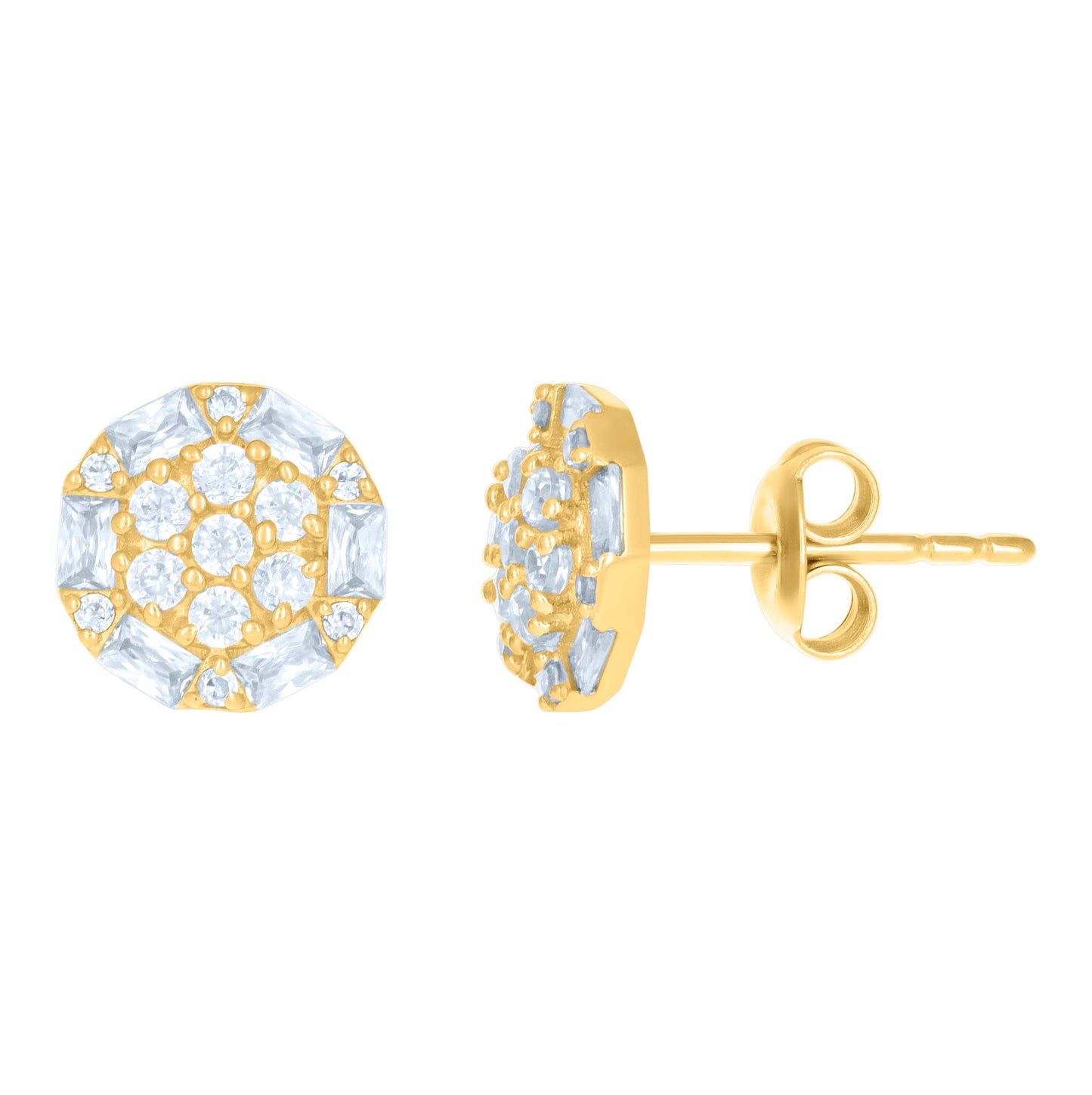 10K Yellow Gold Womens Baguette Round Cubic-Zirconia Fashion Stud Earrings