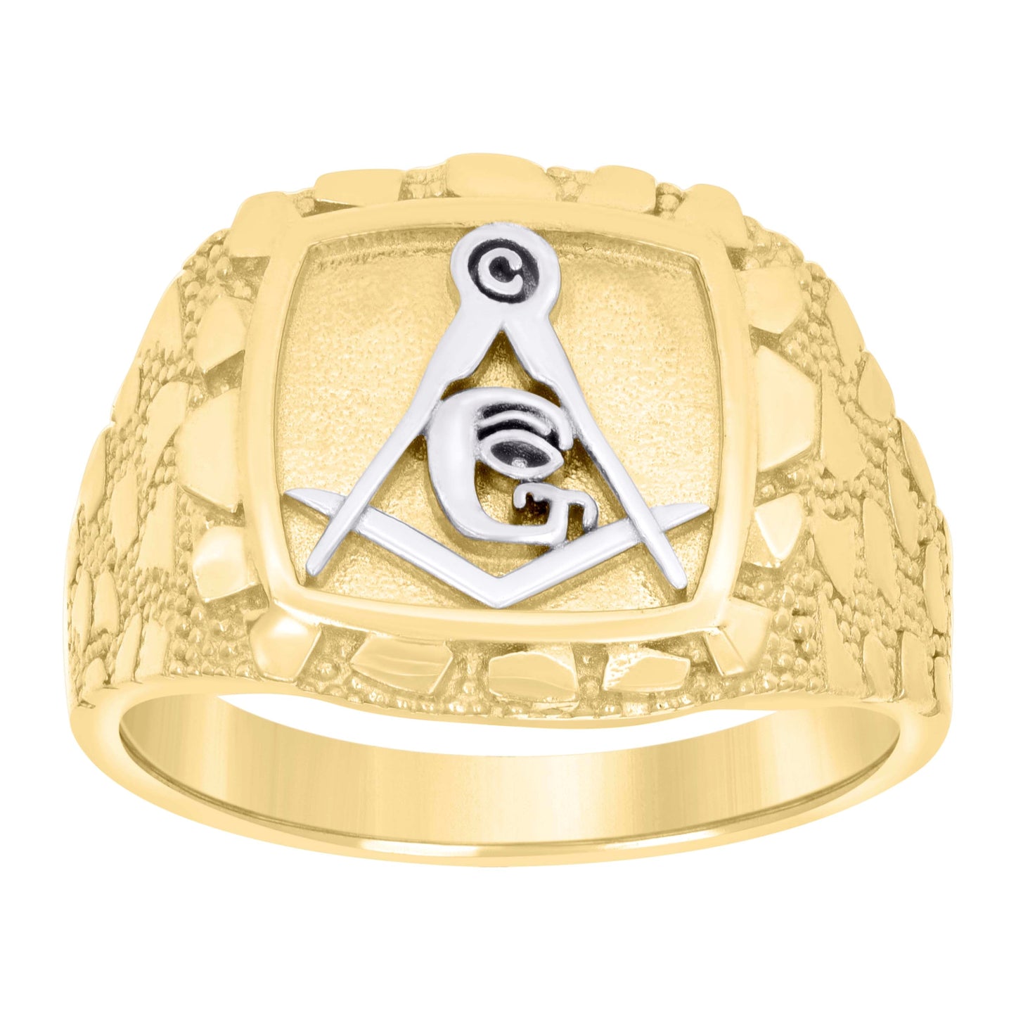 10K Two-tone Gold Mens Textured Masonic Symbol Religious Ring