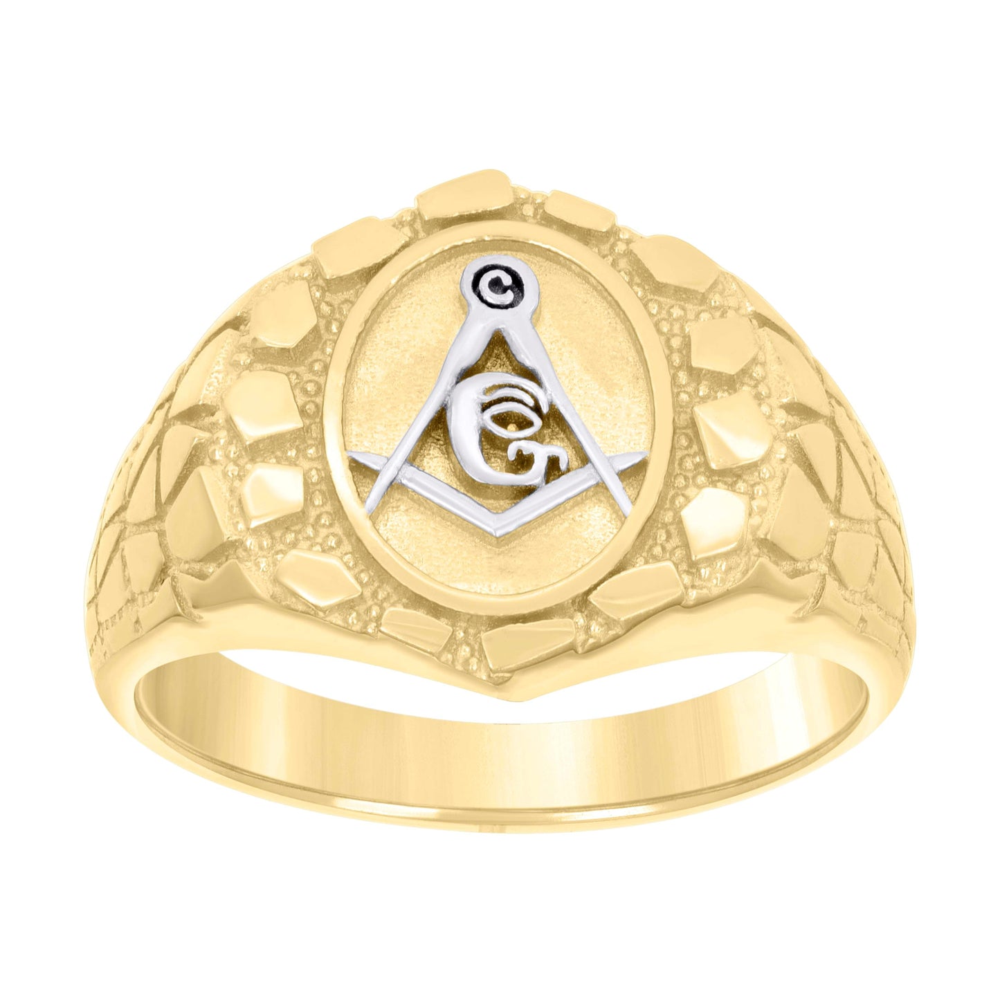 10K Two-tone Gold Mens Masonic Symbol Nugget Ring