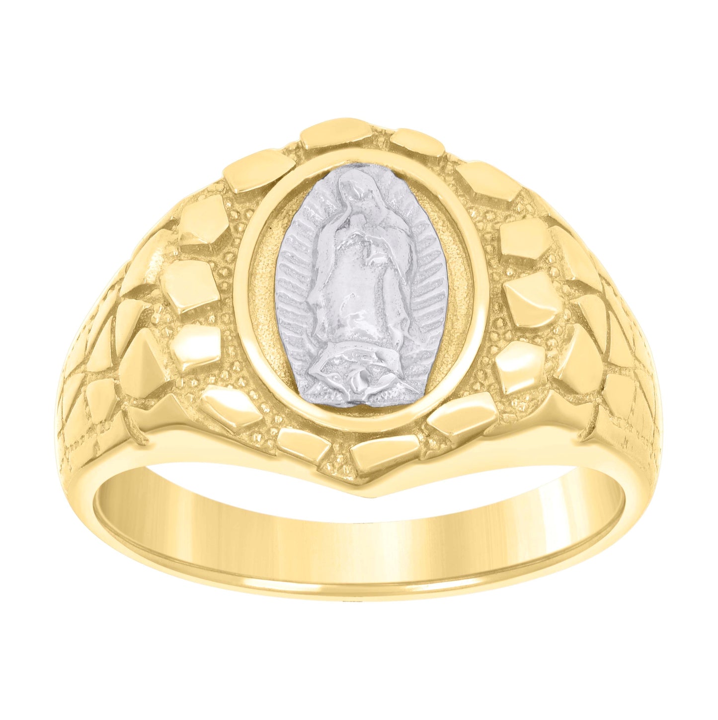 10K Two-tone Gold Mens Guadalupe Religious Nugget Ring