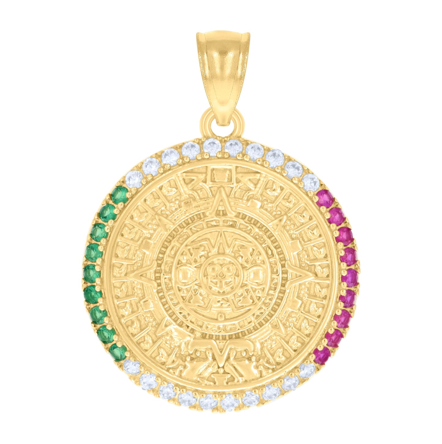 14K Yellow Gold Mens Green/Pink White Cubic-Zirconia Aztec Calendar Fashion Charm Pendant