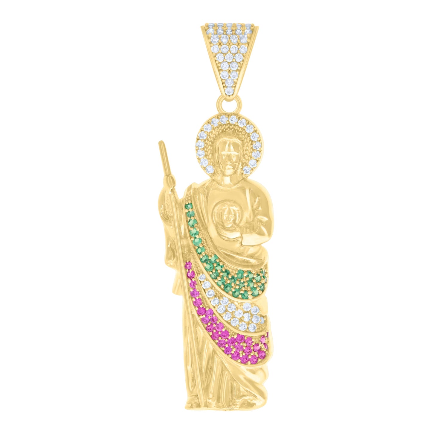 10K Yellow Gold Mens Green/Purple White Cubic-Zirconia St. Jude Religious Charm Pendant