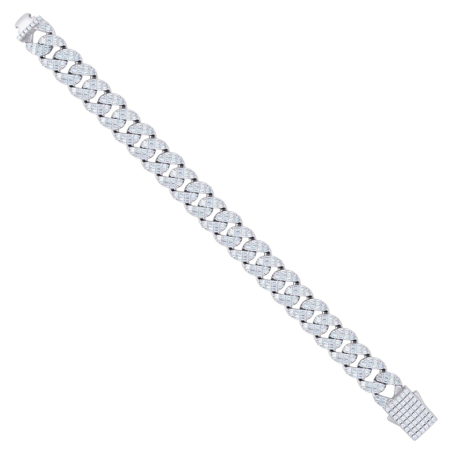 Sterling Silver Baguette Round Cubic-Zirconia Fancy Cuban Chain Bracelet Size 8 Inches