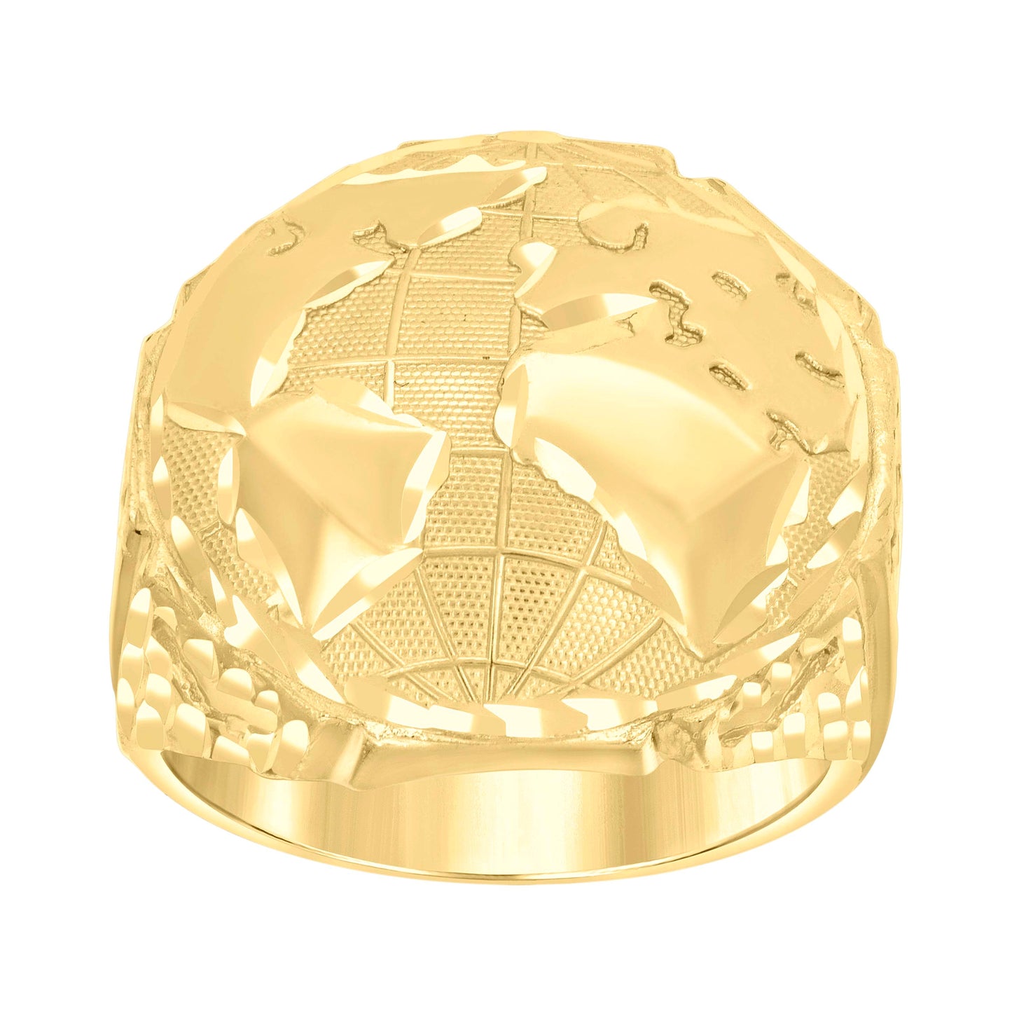 14K Yellow Gold Mens Globe Map Ring